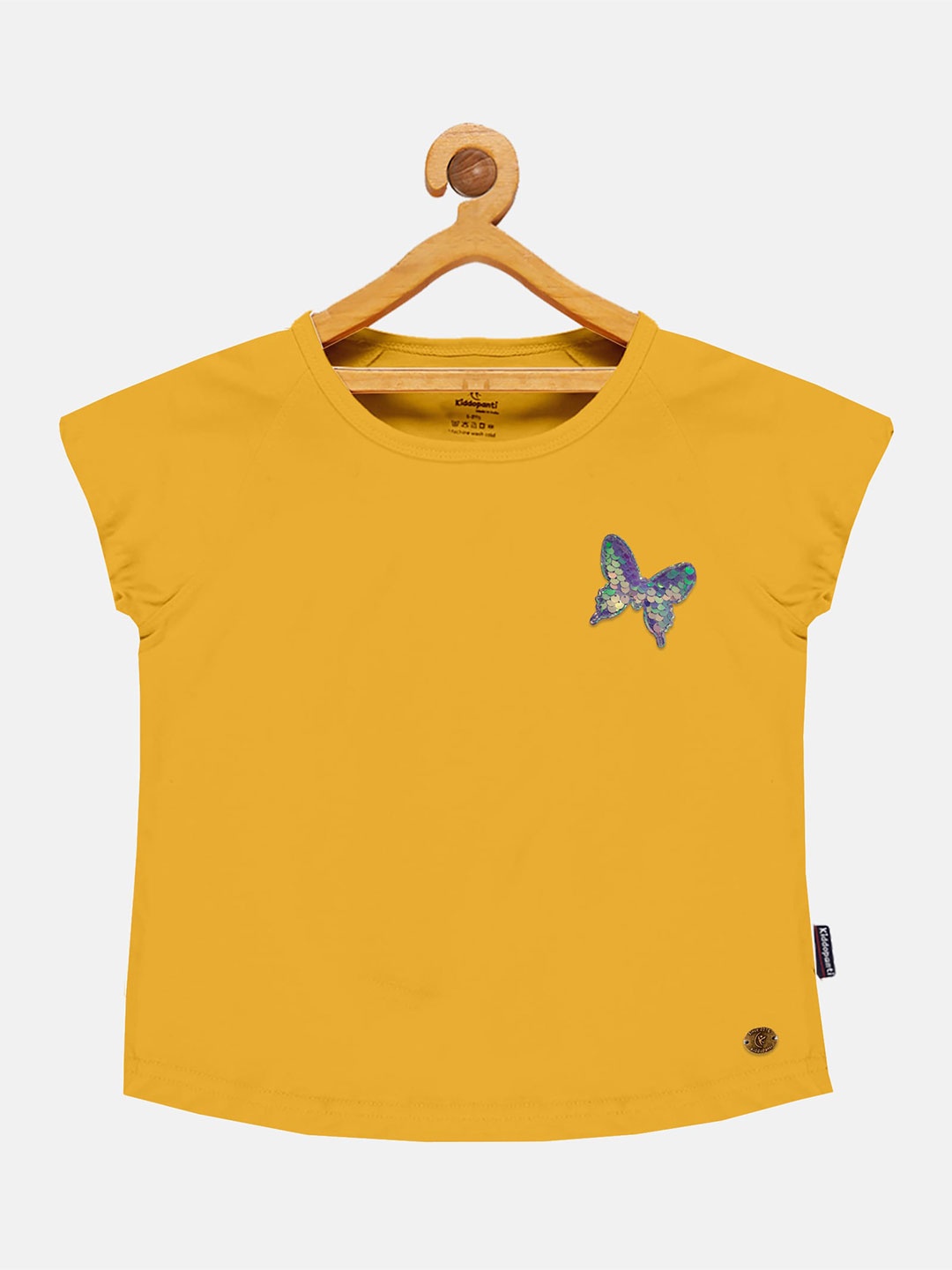 

KiddoPanti Girls Raglan Sleeves Applique Pure Cotton T-shirt, Yellow