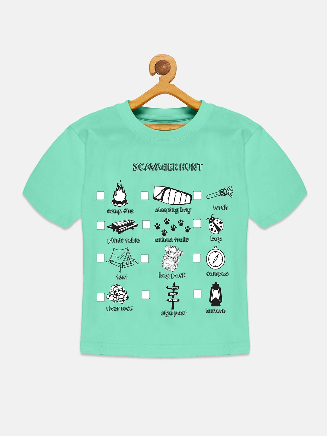 

KiddoPanti Boys Scavenger Hunt Printed Drop Shoulder Pure Cotton T-shirt, Green