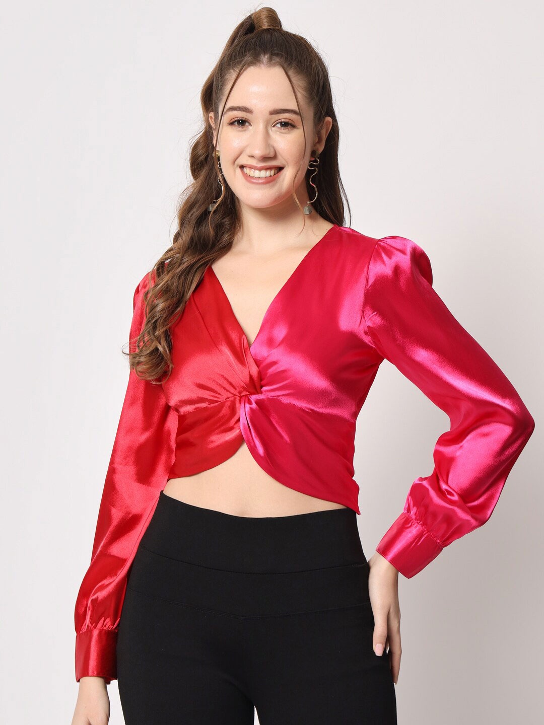 

CHARMGAL Twisted Detail Cuffed Sleeves Crop Top, Pink