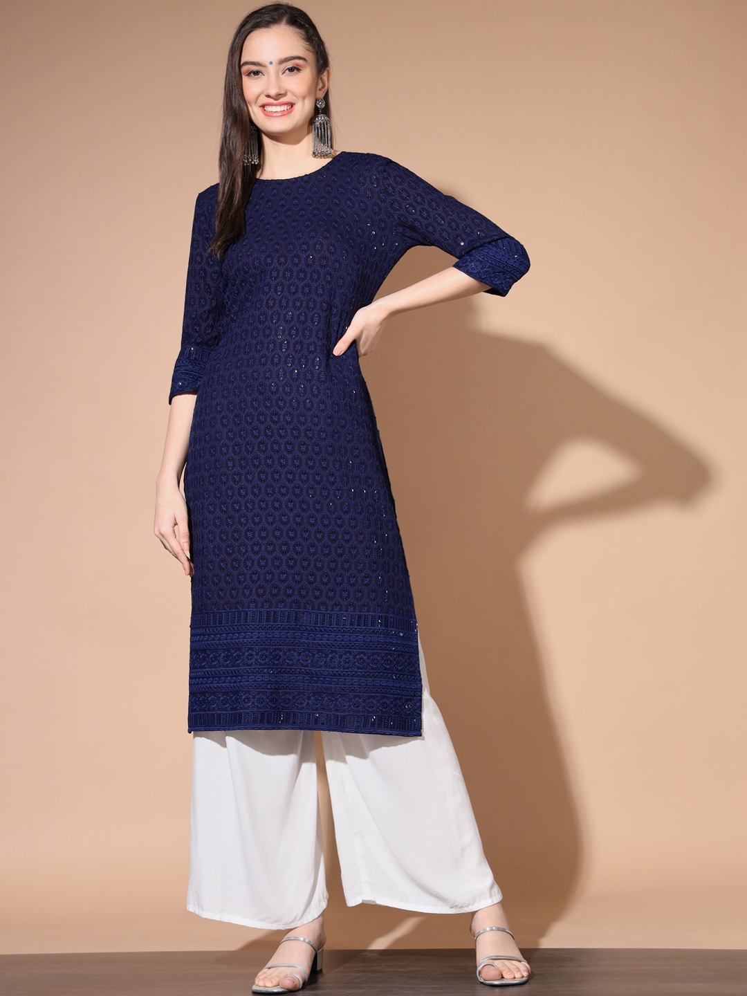 

SWAGG INDIA Ethnic Motifs Embroidered Straight Chikankari Kurta, Navy blue