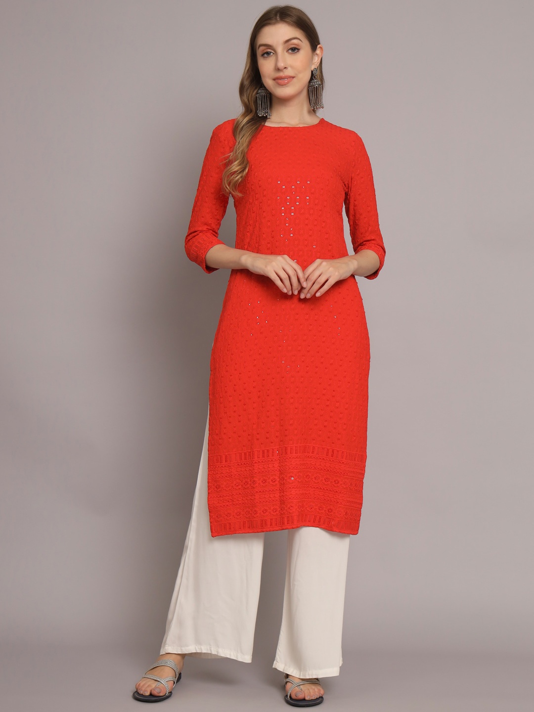 

SWAGG INDIA Ethnic Motifs Embroidered Sequined Straight Kurta, Red
