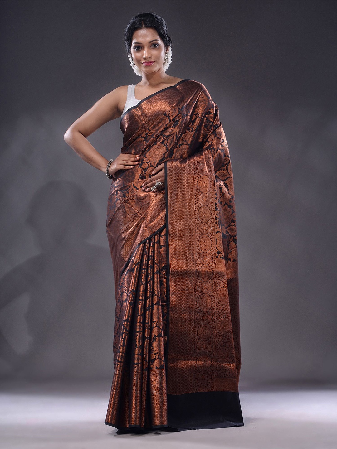 

Charukriti Floral Motifs Woven Design Zari Saree, Black