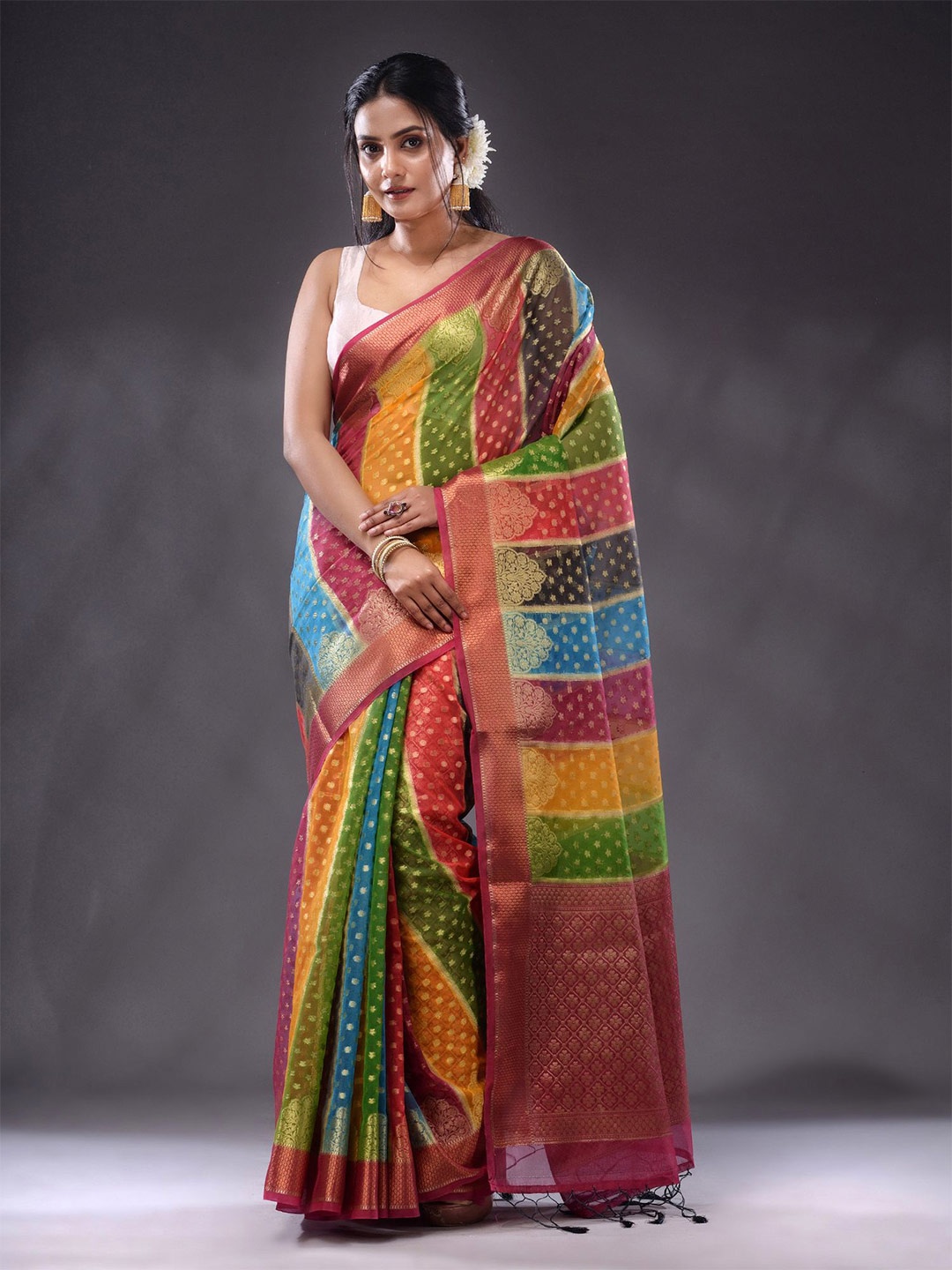 

Charukriti Polka Dots Woven Design Zari Saree, Green