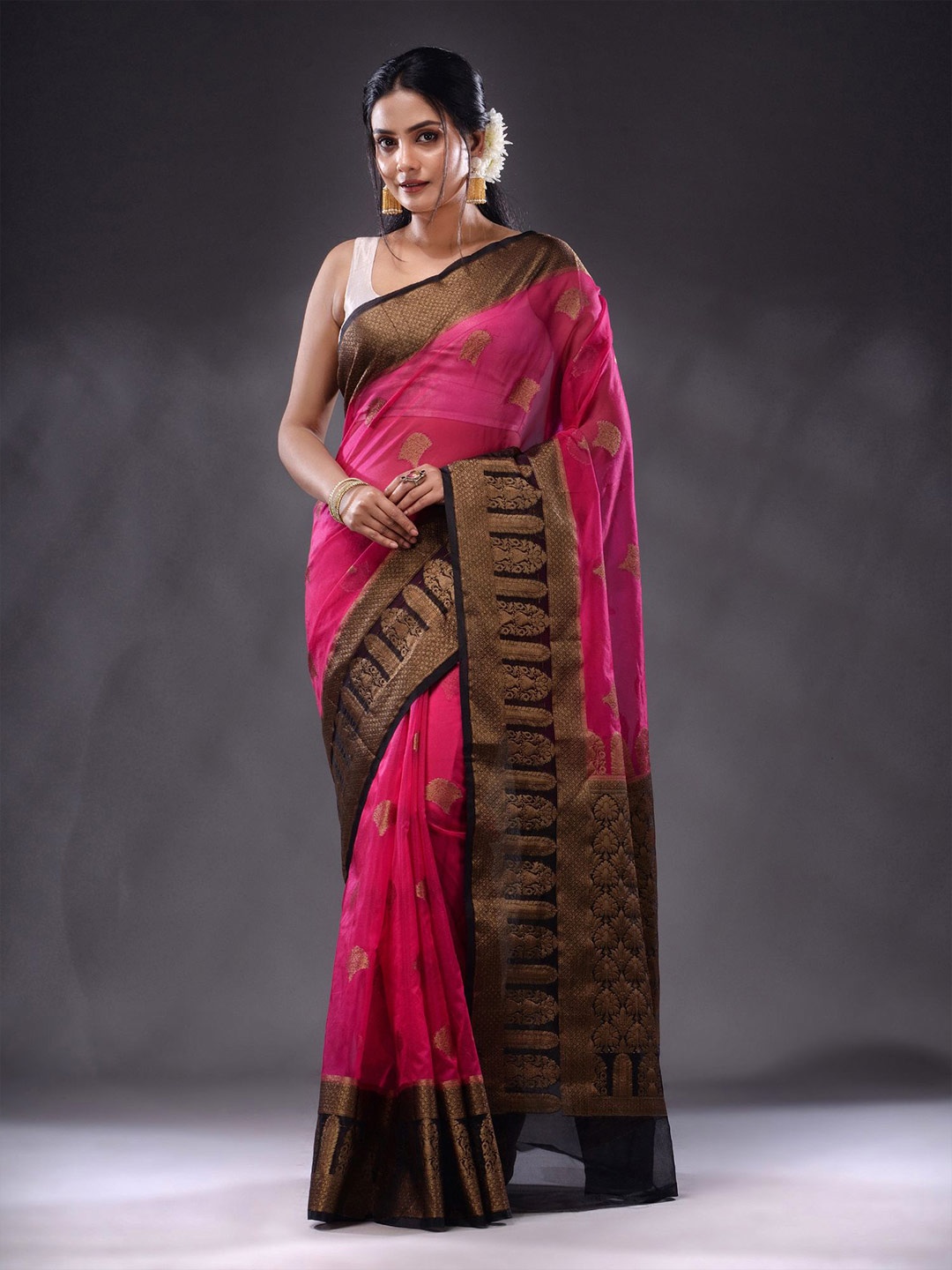 

Charukriti Ethnic Motif Woven Design Zari Organza Saree, Pink