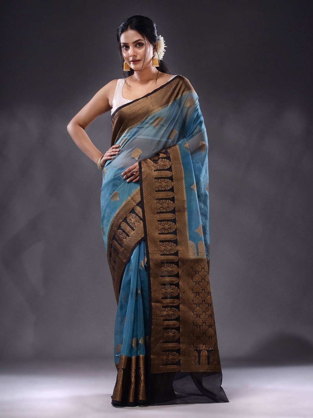 

Charukriti Ethinic Motifs Woven Design Zari Organza Saree, Blue