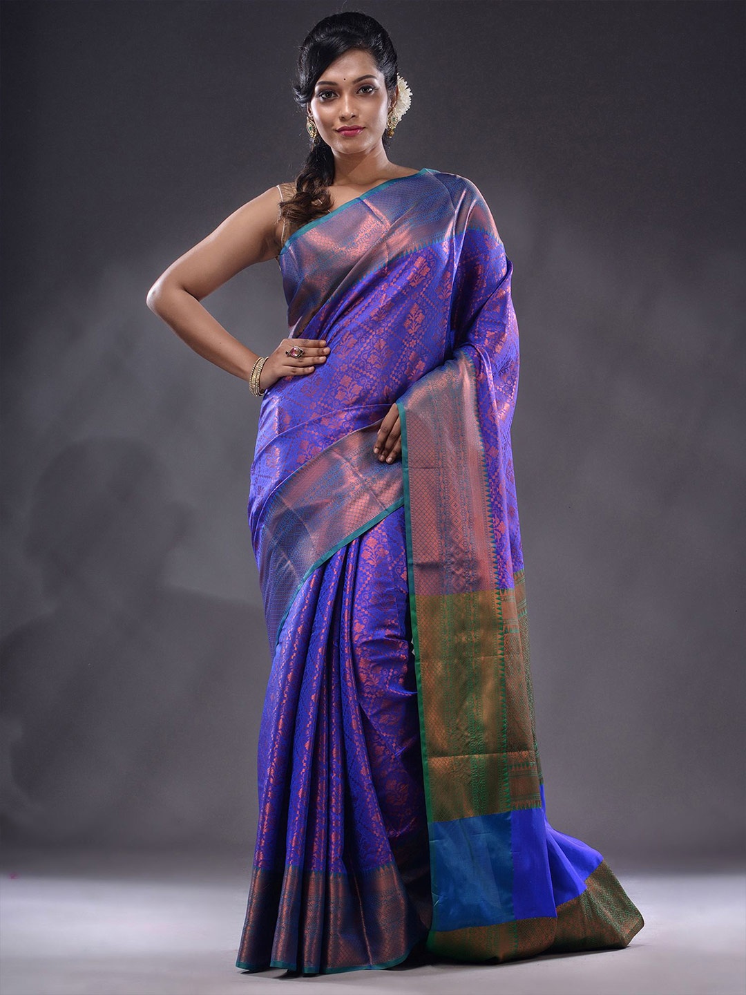 

Charukriti Floral Woven Design Zari Brocade Saree, Blue