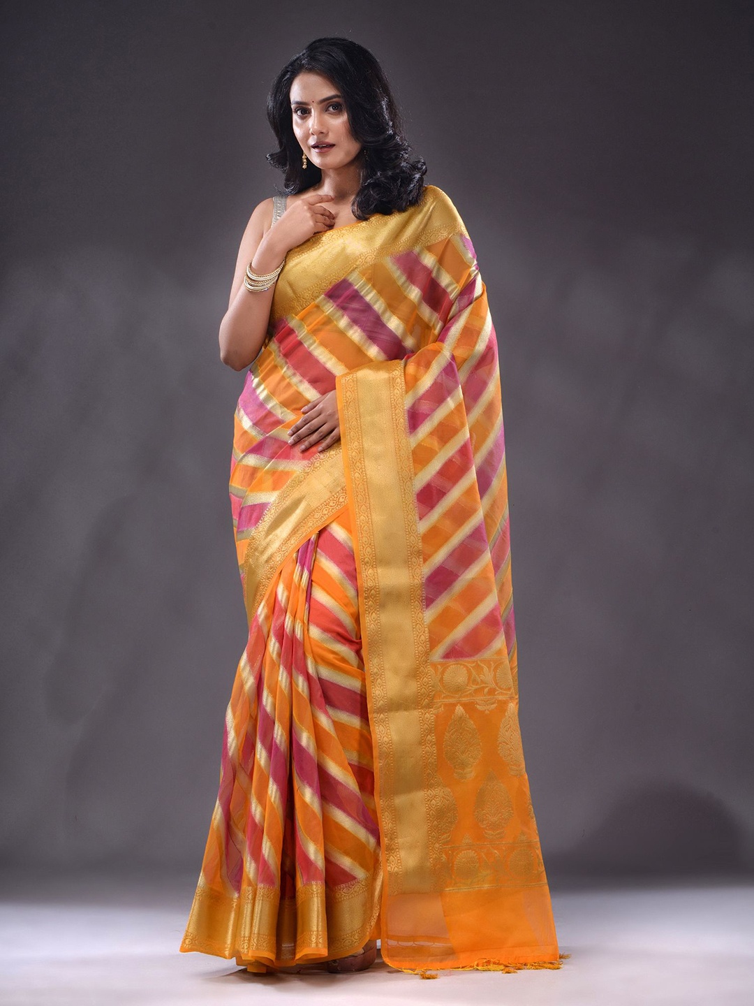 

Charukriti Striped Zari Organza Saree, Yellow