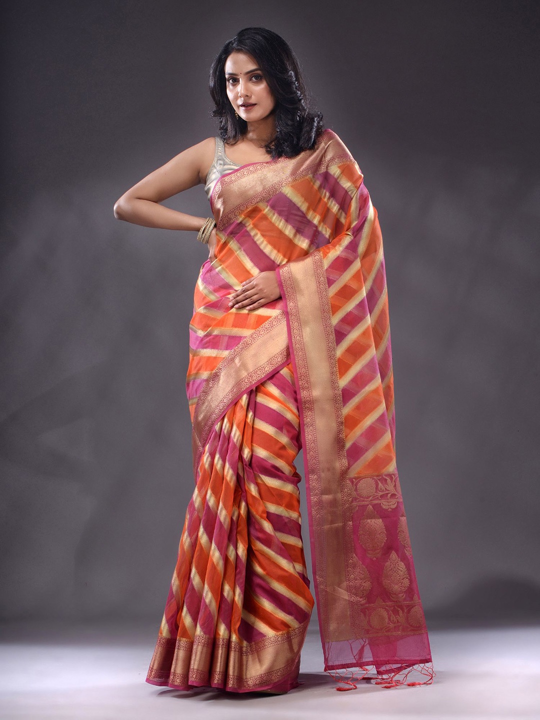 

Charukriti Striped Zari Organza Saree, Pink