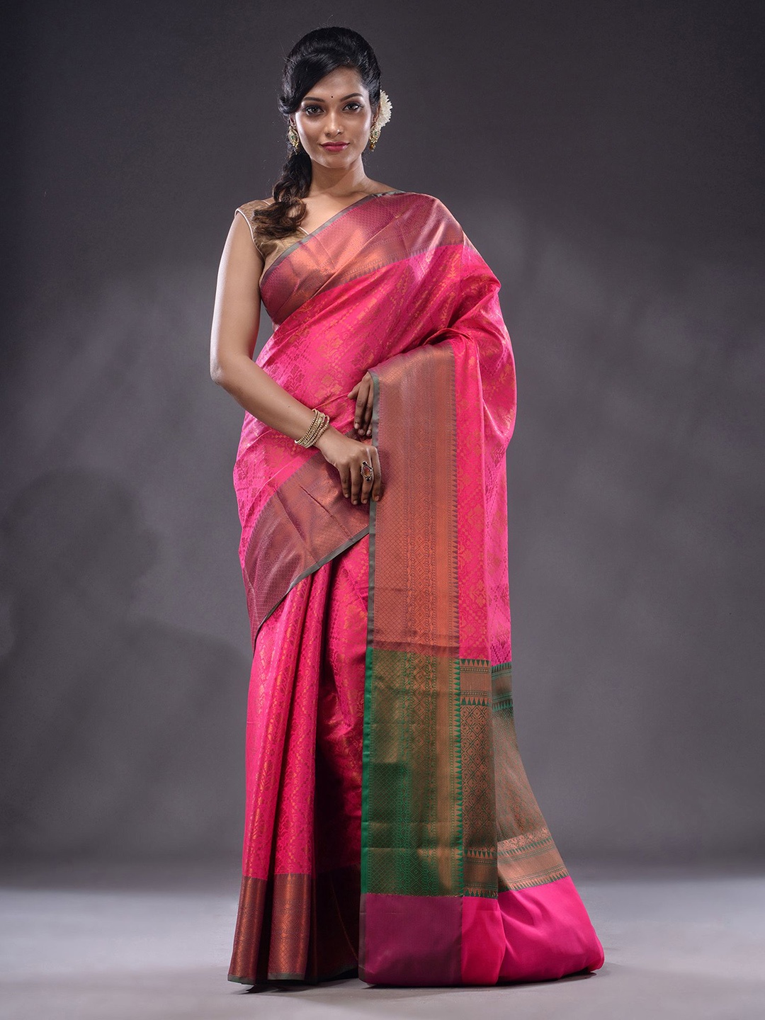 

Charukriti Floral Woven Design Zari Brocade Saree, Fuchsia