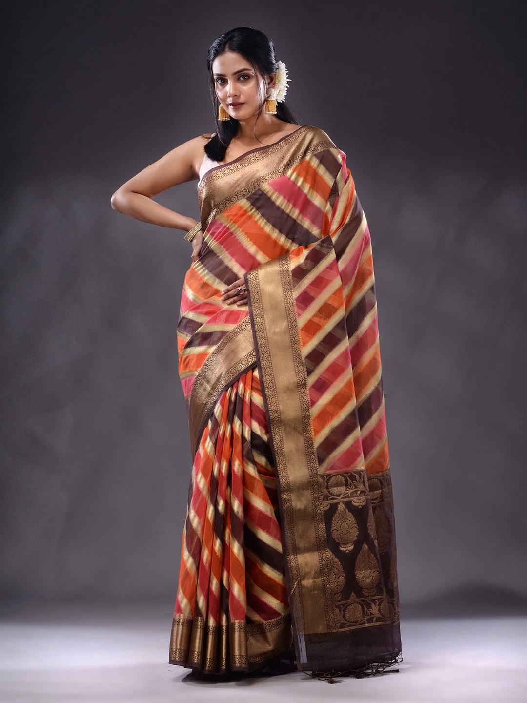 

Charukriti Striped Zari Saree, Orange