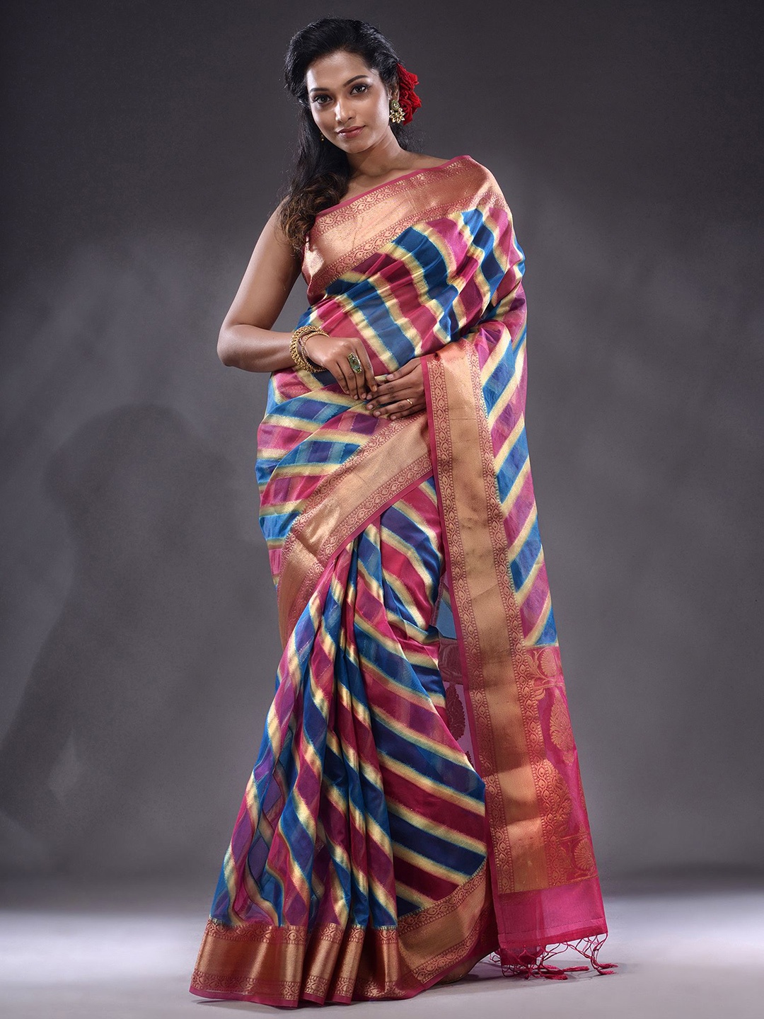

Charukriti Striped Zari Organza Saree, Pink