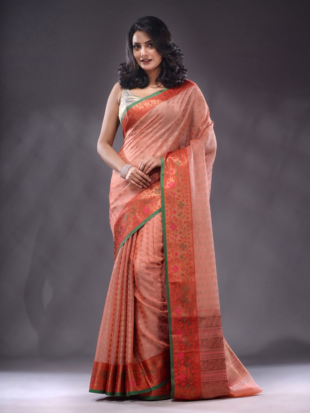 

Charukriti Ethnic Motifs Woven Design Zari Kota Saree, Peach