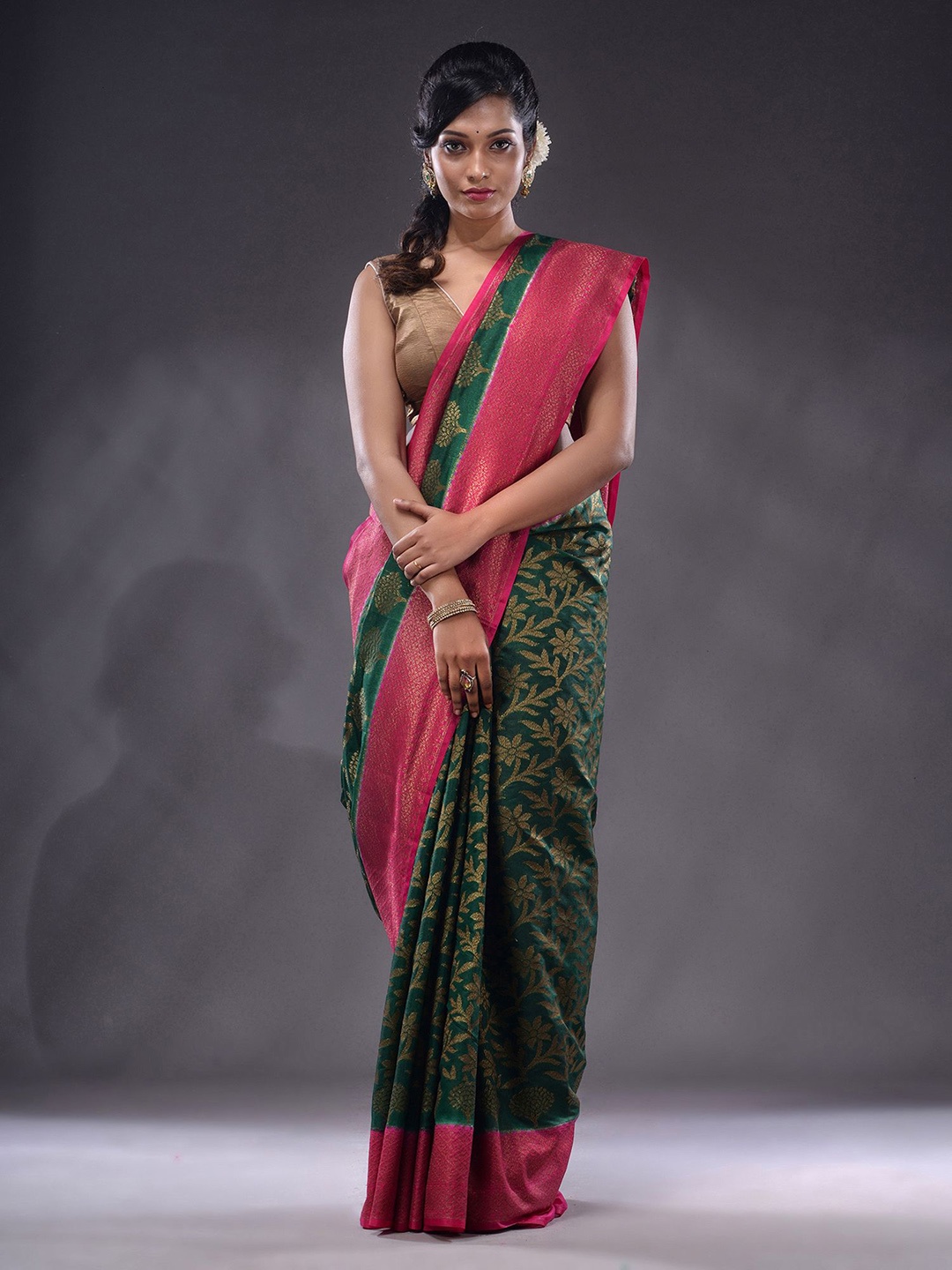 

Charukriti Floral Woven Design Zari Saree, Green