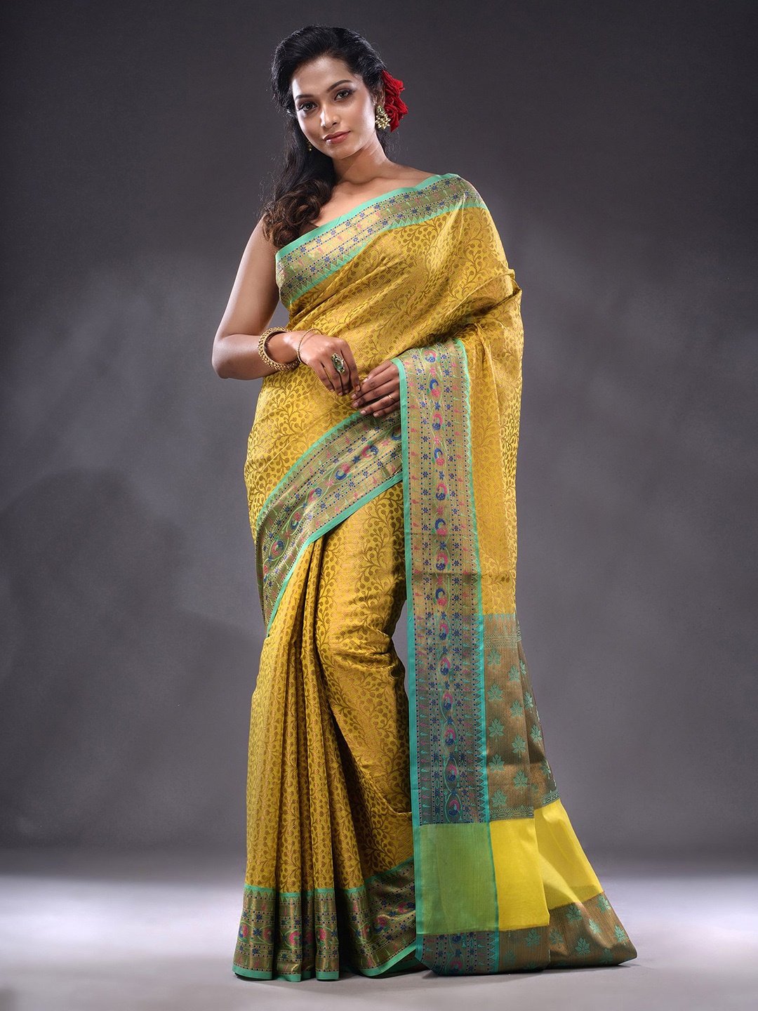 

Charukriti Floral Woven Design Zari Saree, Yellow