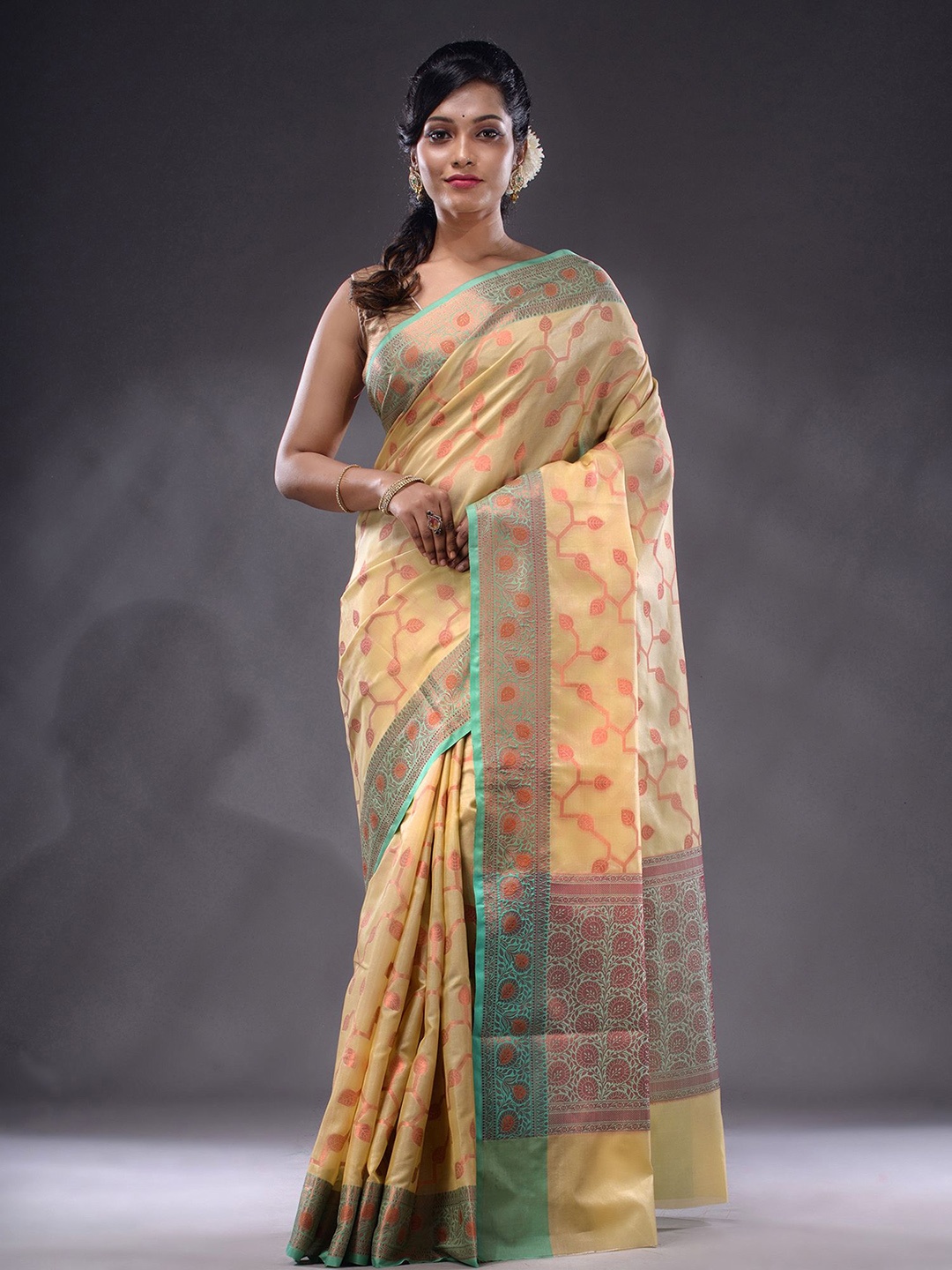 

Charukriti Floral Woven Design Zari Saree, Beige