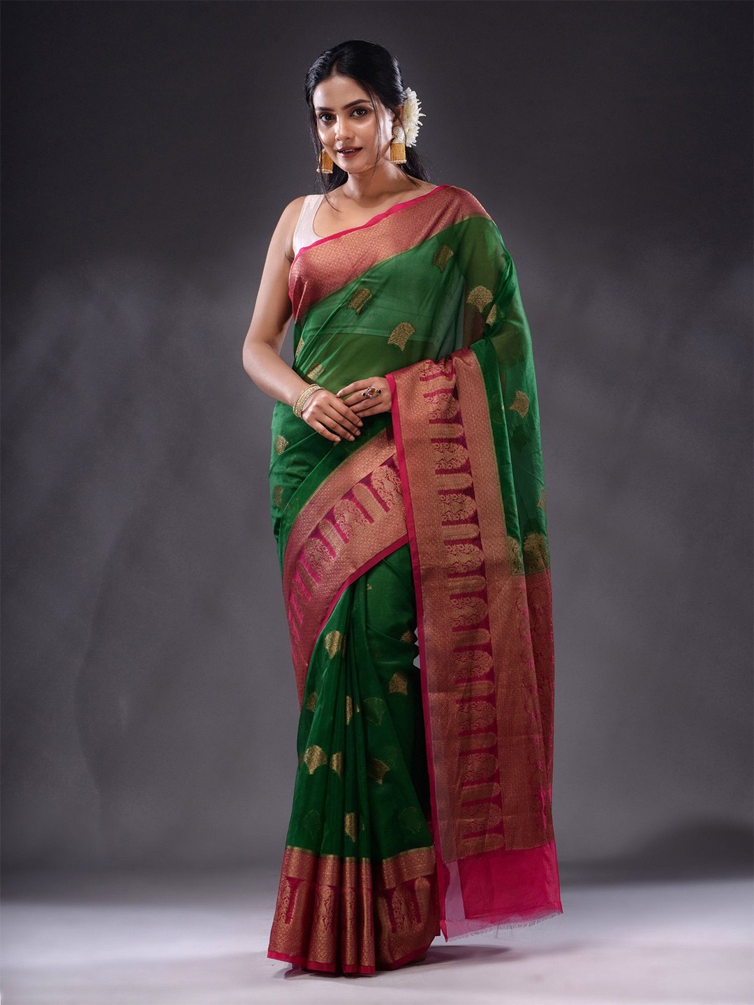 

Charukriti Woven Design Zari Organza Saree, Green