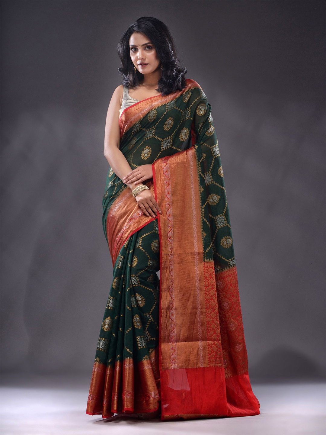 

Charukriti Ethnic Motifs Design Zari Saree, Green