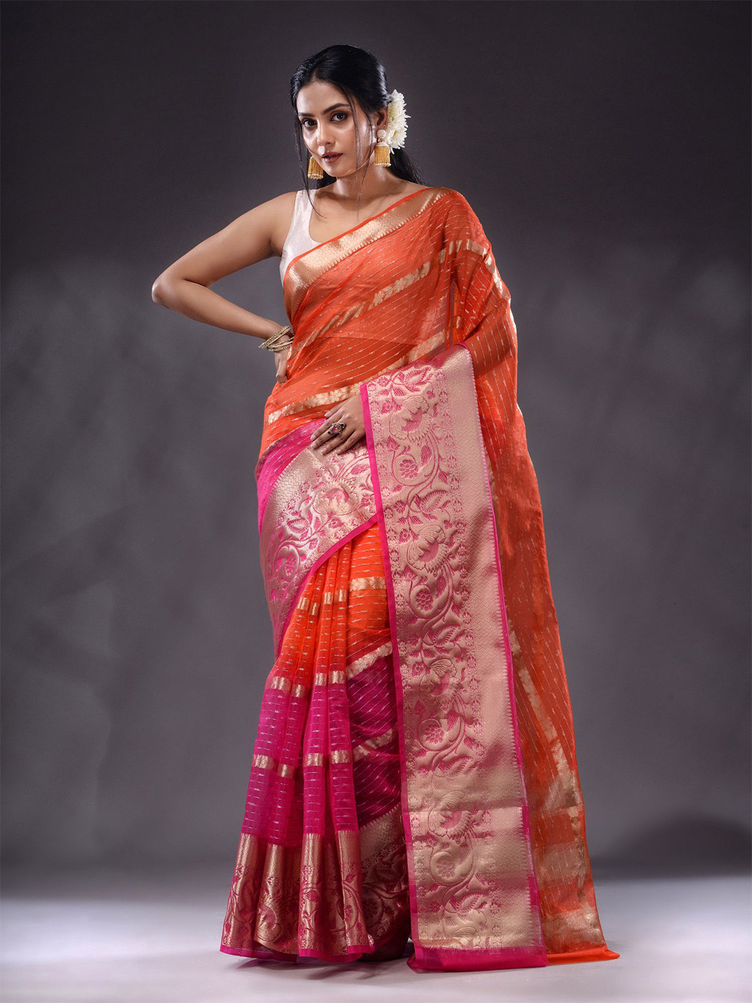 

Charukriti Striped Zari Organza Saree, Orange
