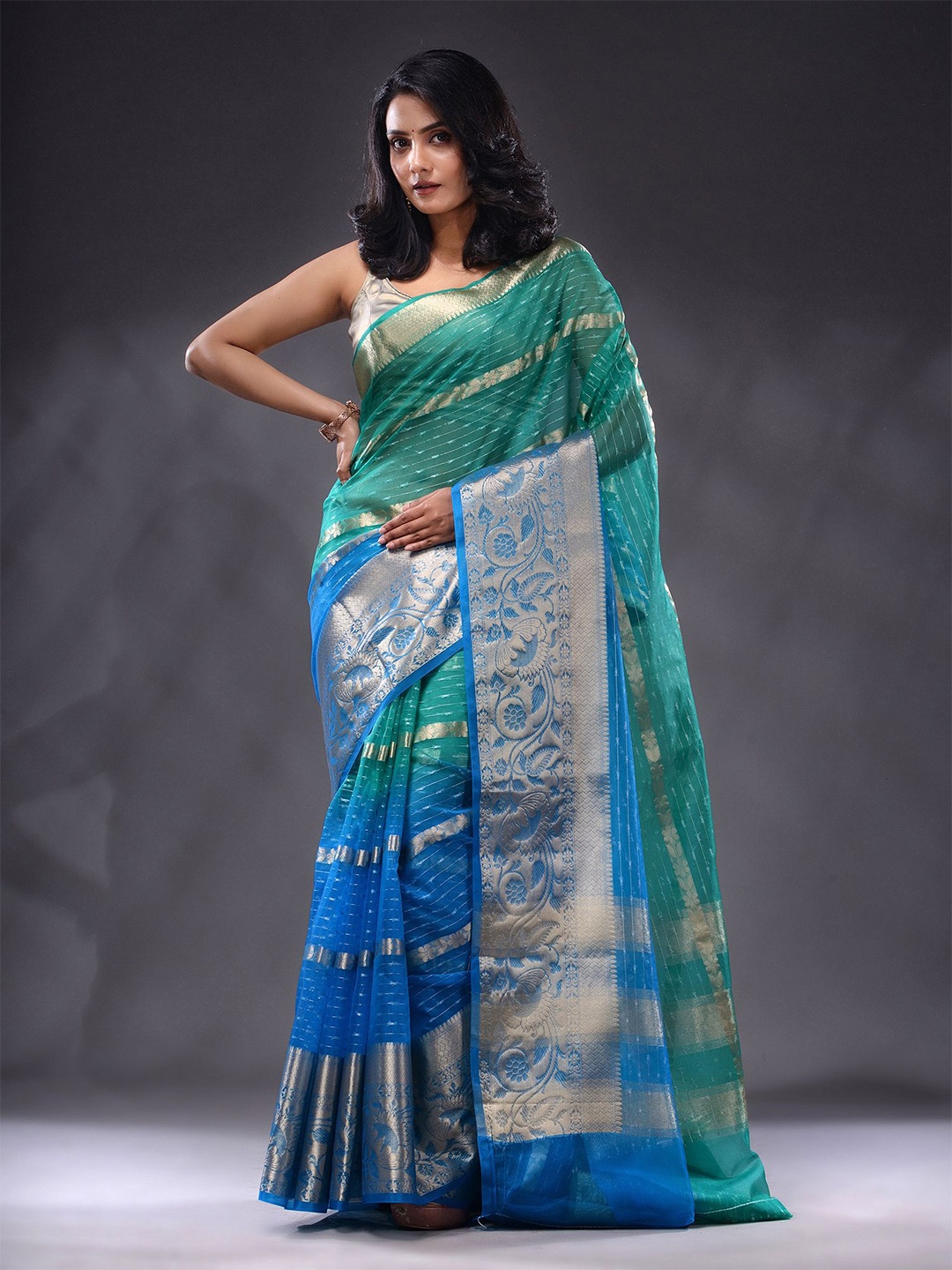 

Charukriti Striped Zari Organza Saree, Sea green