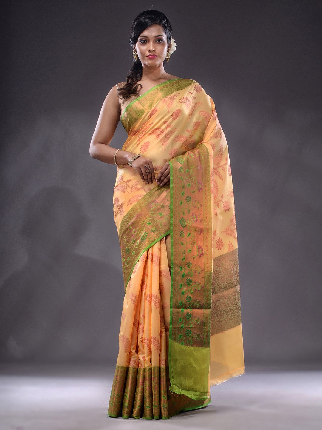 

Charukriti Floral Woven Design Zari Saree, Yellow