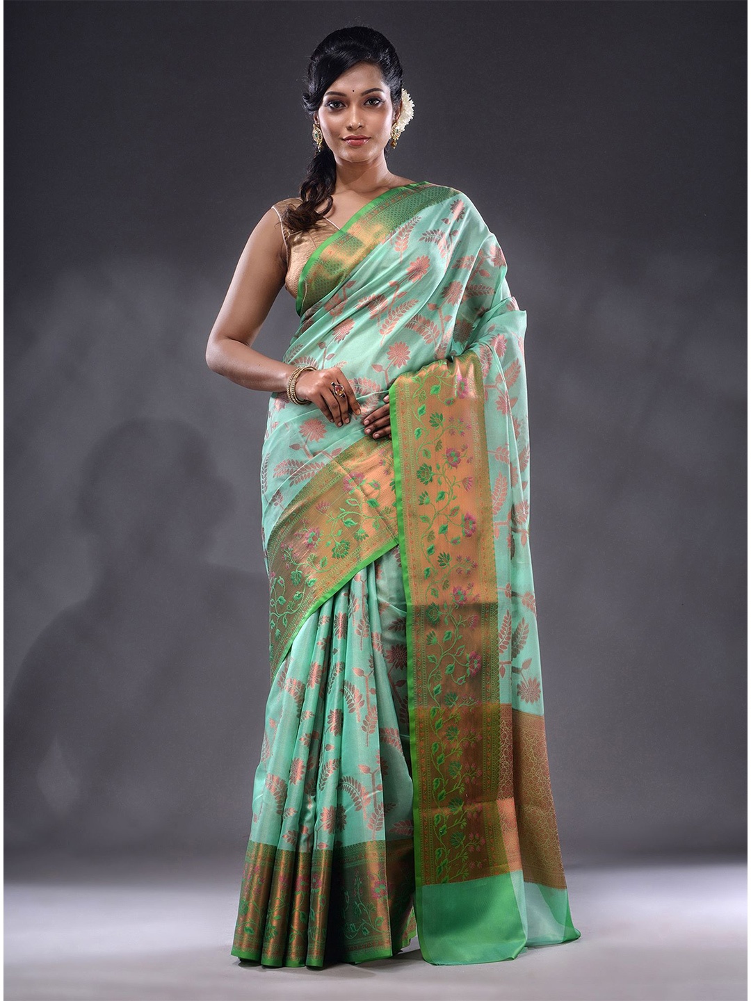 

Charukriti Floral Woven Design Zari Saree, Green