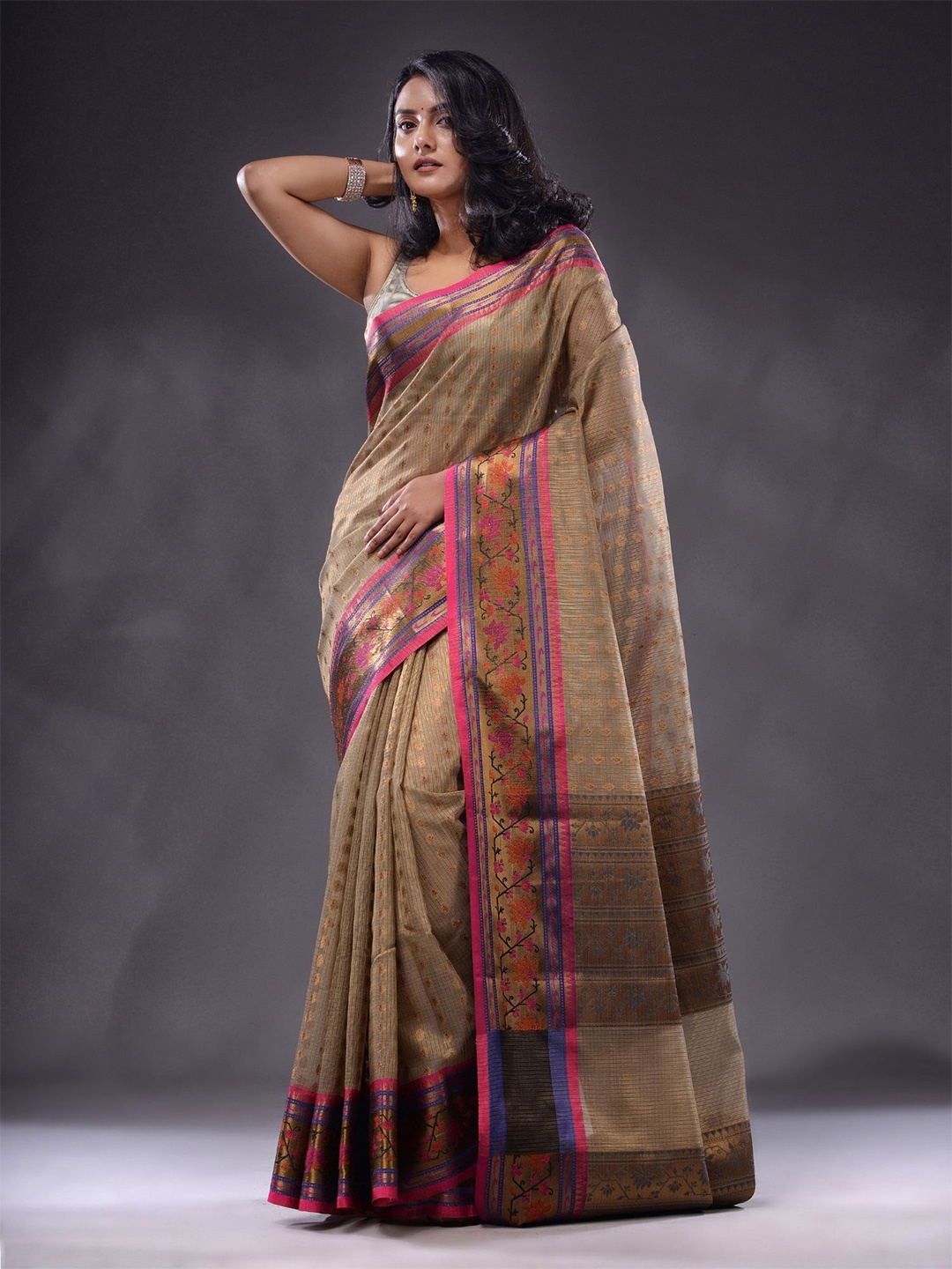 

Charukriti Floral Woven Design Zari Kota Saree, Beige