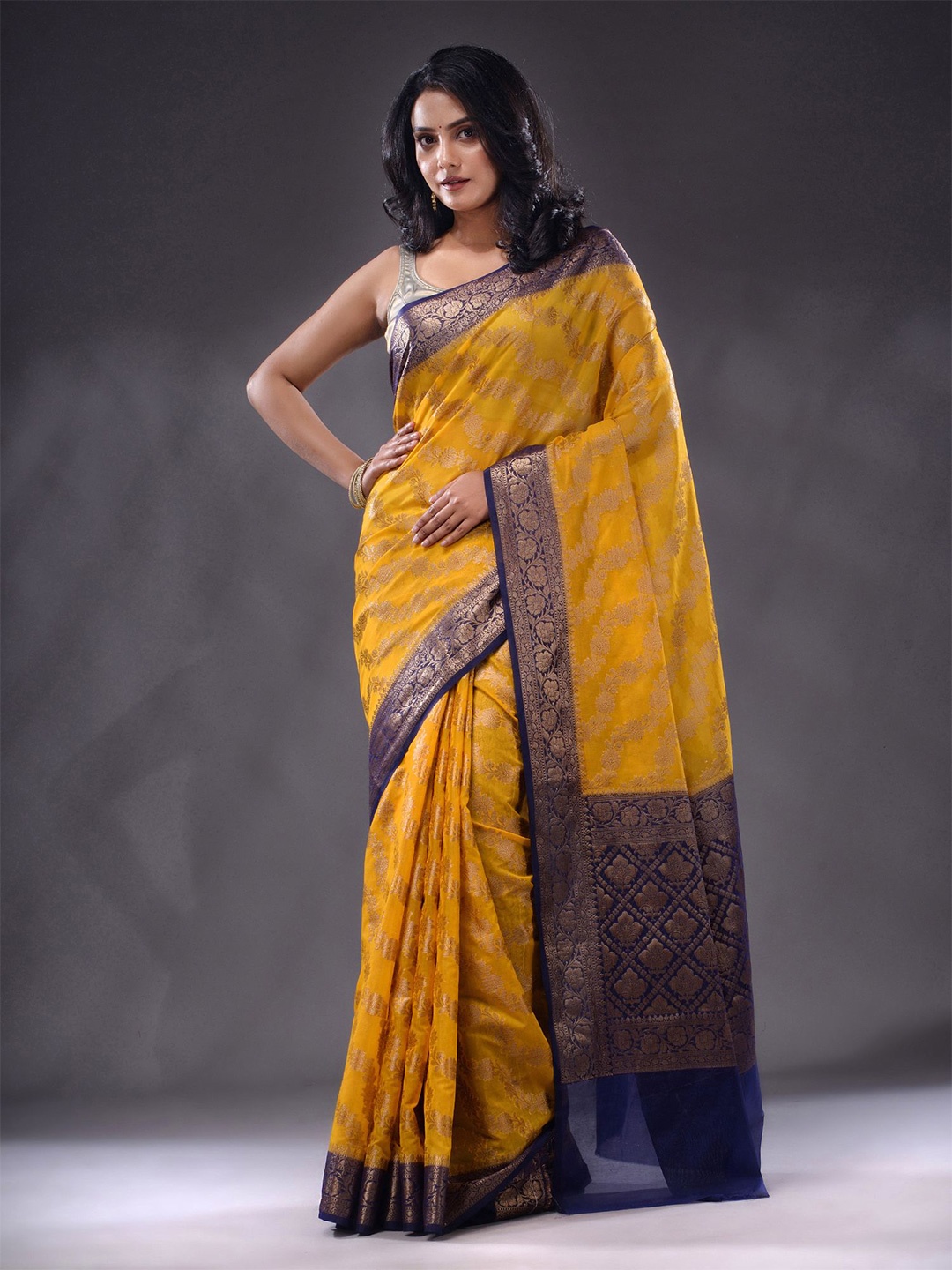 

Charukriti Floral Woven Design Zari Saree, Yellow