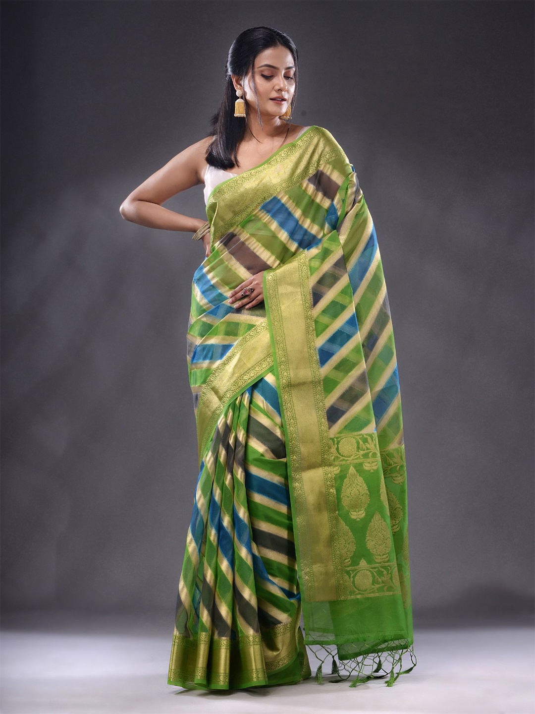 

Charukriti Striped Zari Organza Saree, Green