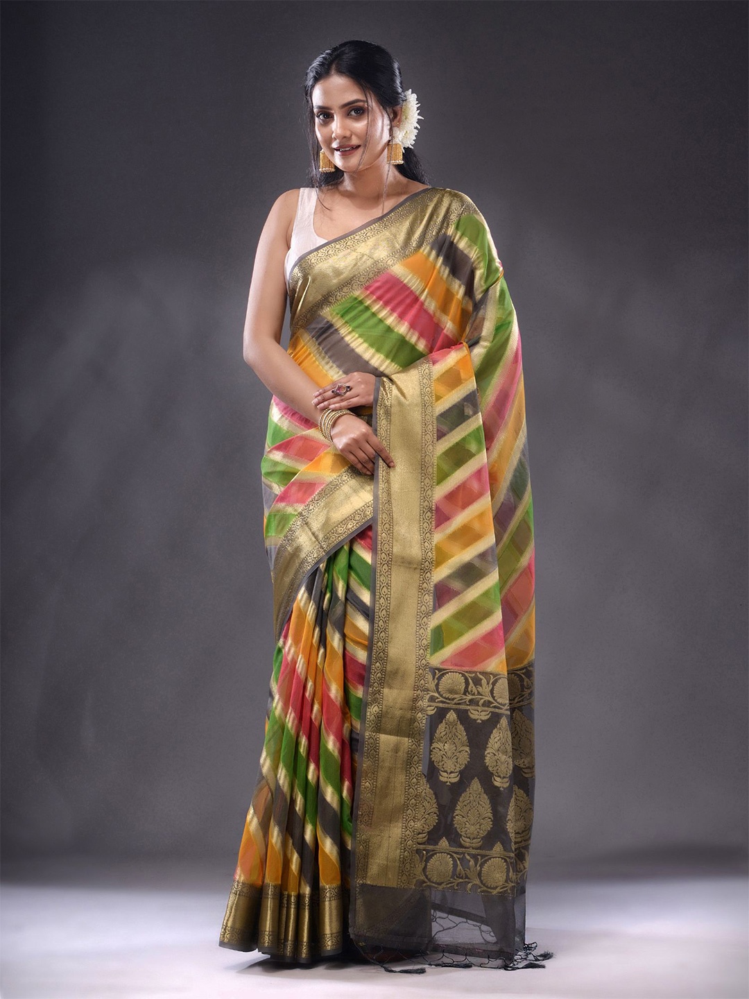 

Charukriti Ethnic Motifs Woven Design Zari Organza Saree, Green
