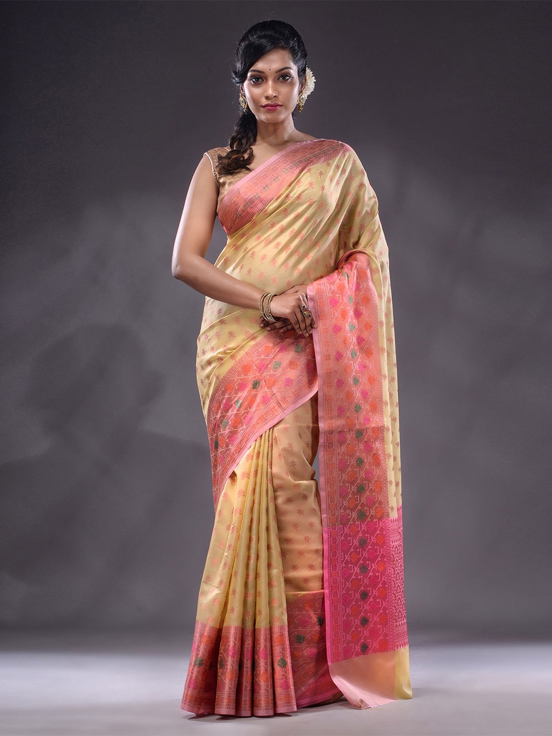

Charukriti Floral Woven Design Zari Banarasi Silk Saree, Beige