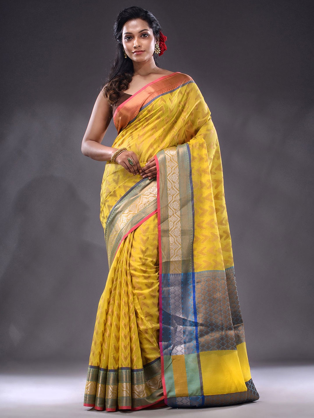 

Charukriti Ethnic Motifs Woven Design Zari Saree, Yellow