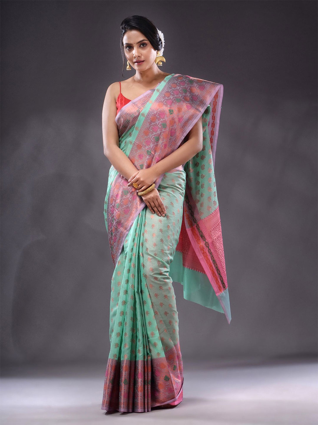 

Charukriti Floral Woven Design Banarasi Silk Saree Saree, Sea green