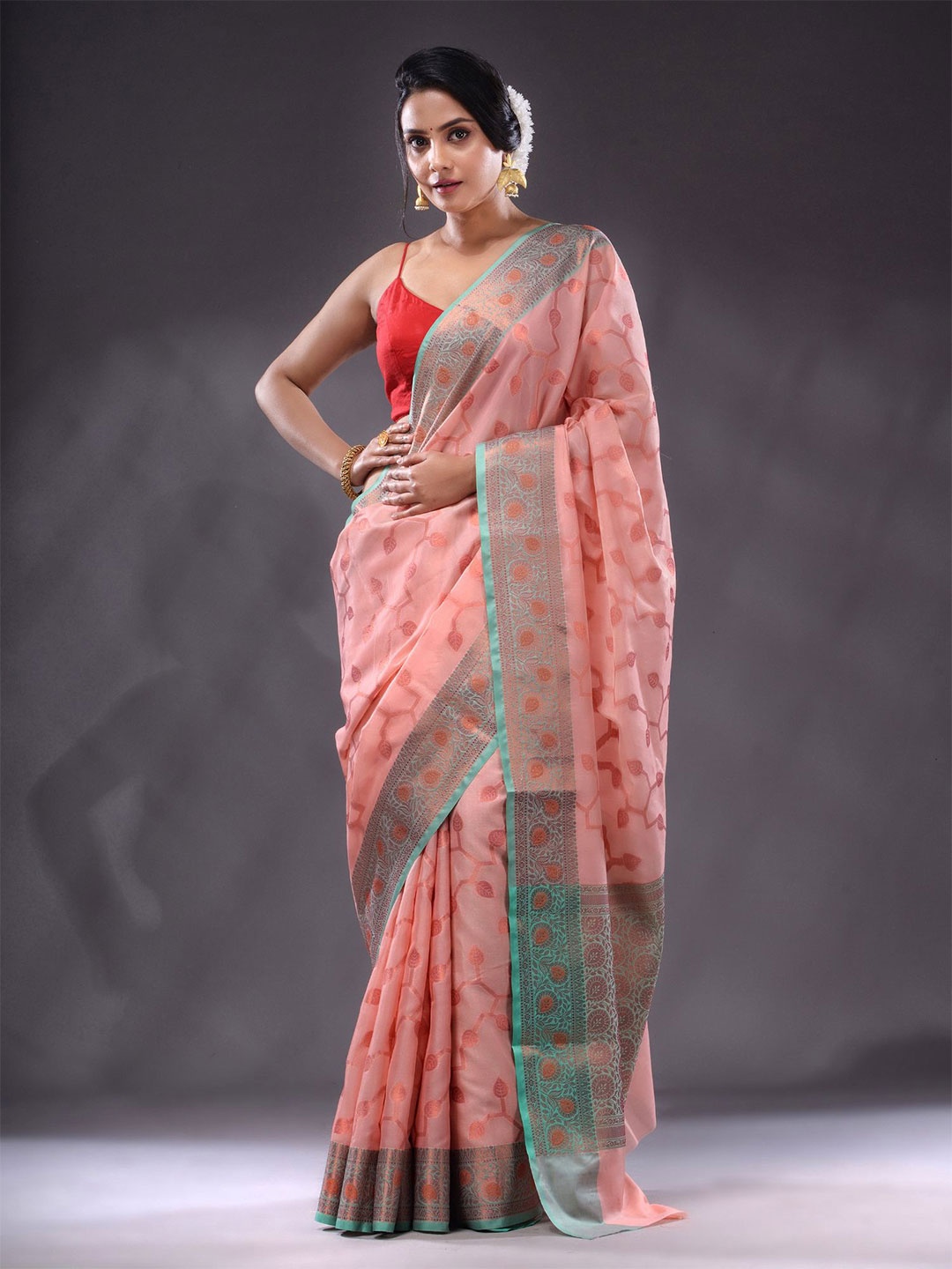 

Charukriti Floral Woven Design Zari Saree, Peach