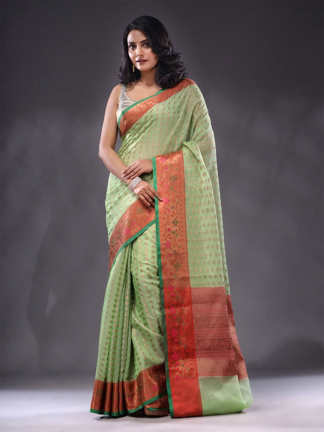 

Charukriti Ethnic Motif Woven Design Zari Kota Saree, Lime green