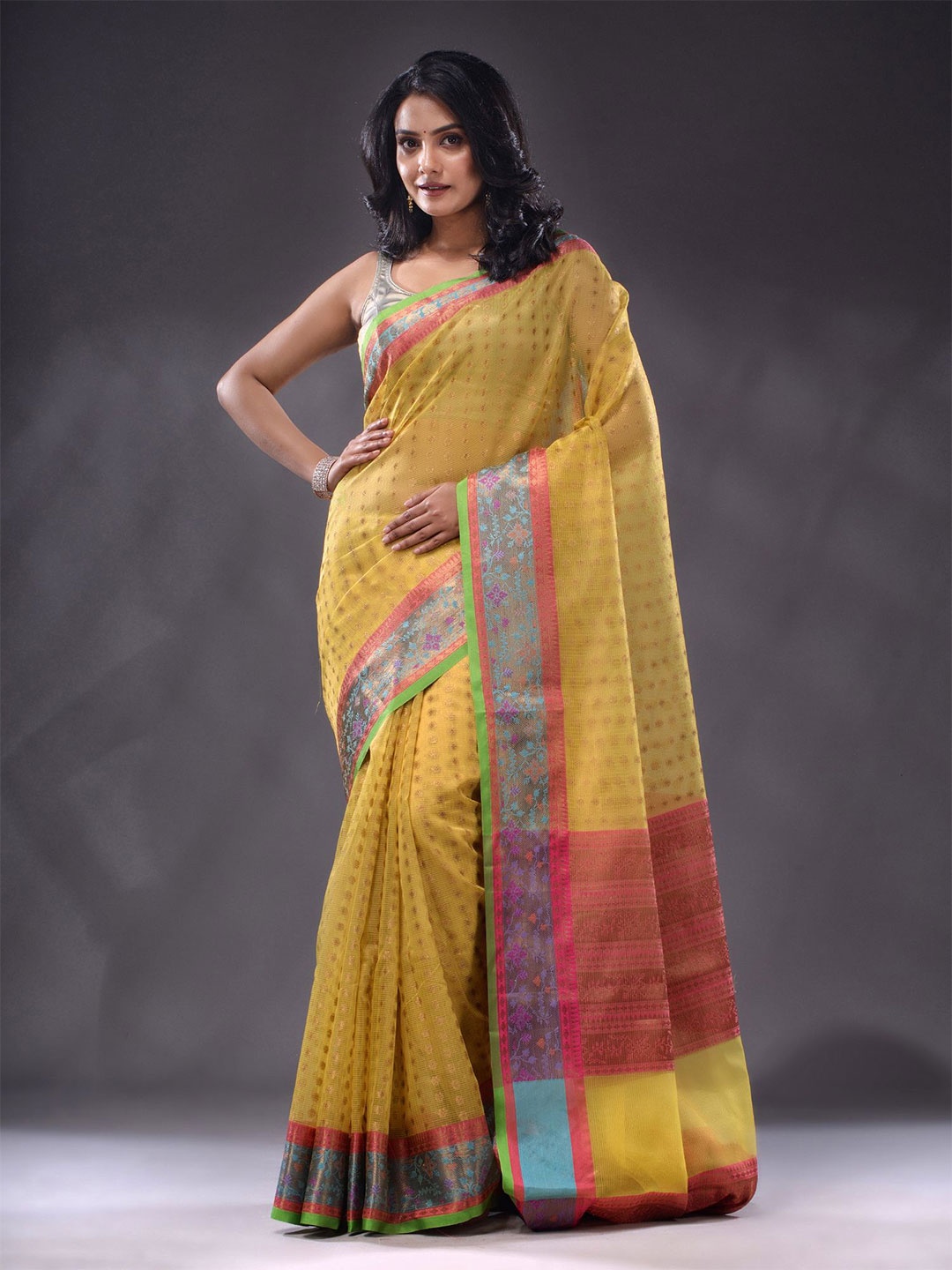 

Charukriti Woven Design Zari Kota Saree, Yellow