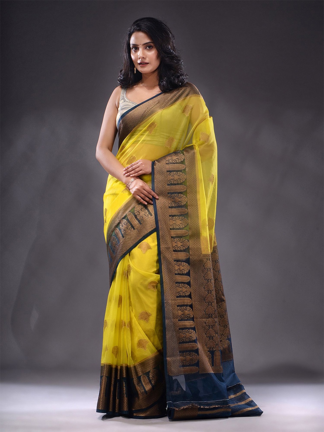 

Charukriti Sheer Woven Design Zari Organza Saree, Yellow