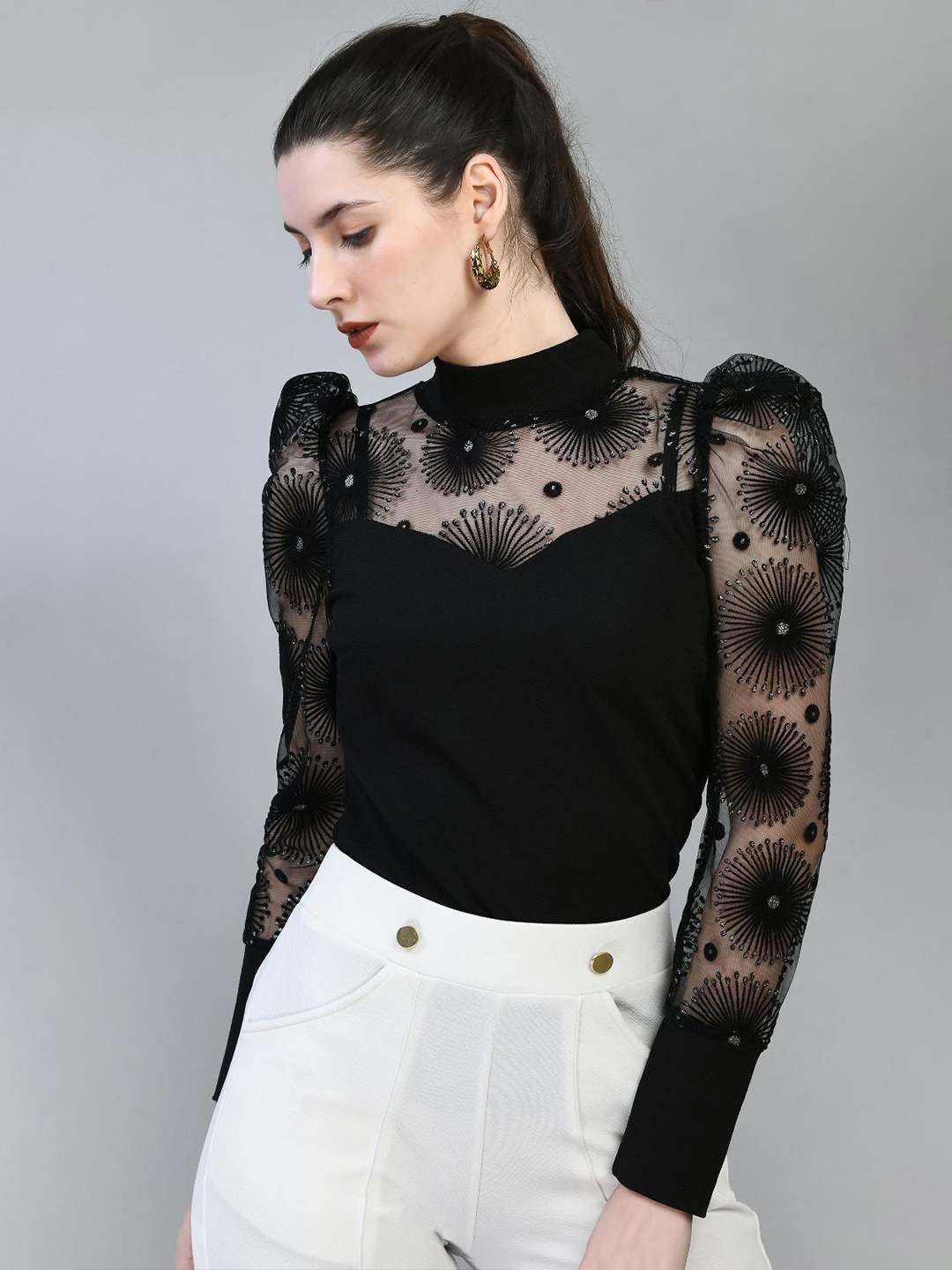 

IUGA Floral Embellished High Neck Puff Sleeve Top, Black