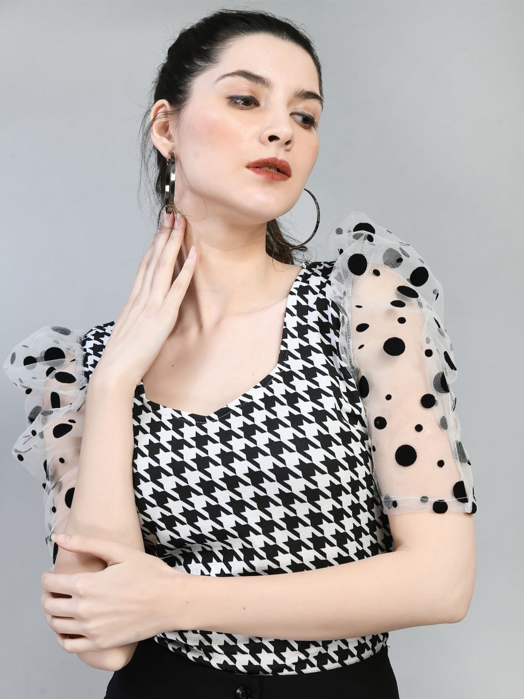 

IUGA Geometric Print Puff Sleeve Top, Black
