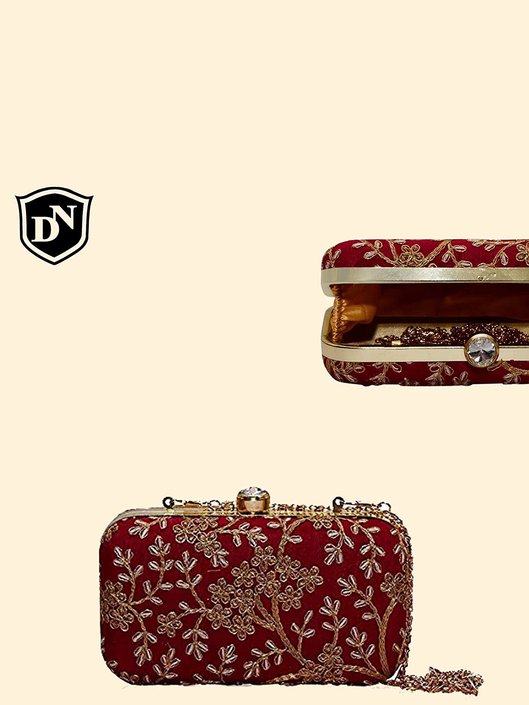 

DN Creation Floral embroidered box clutch With sling strap, Maroon