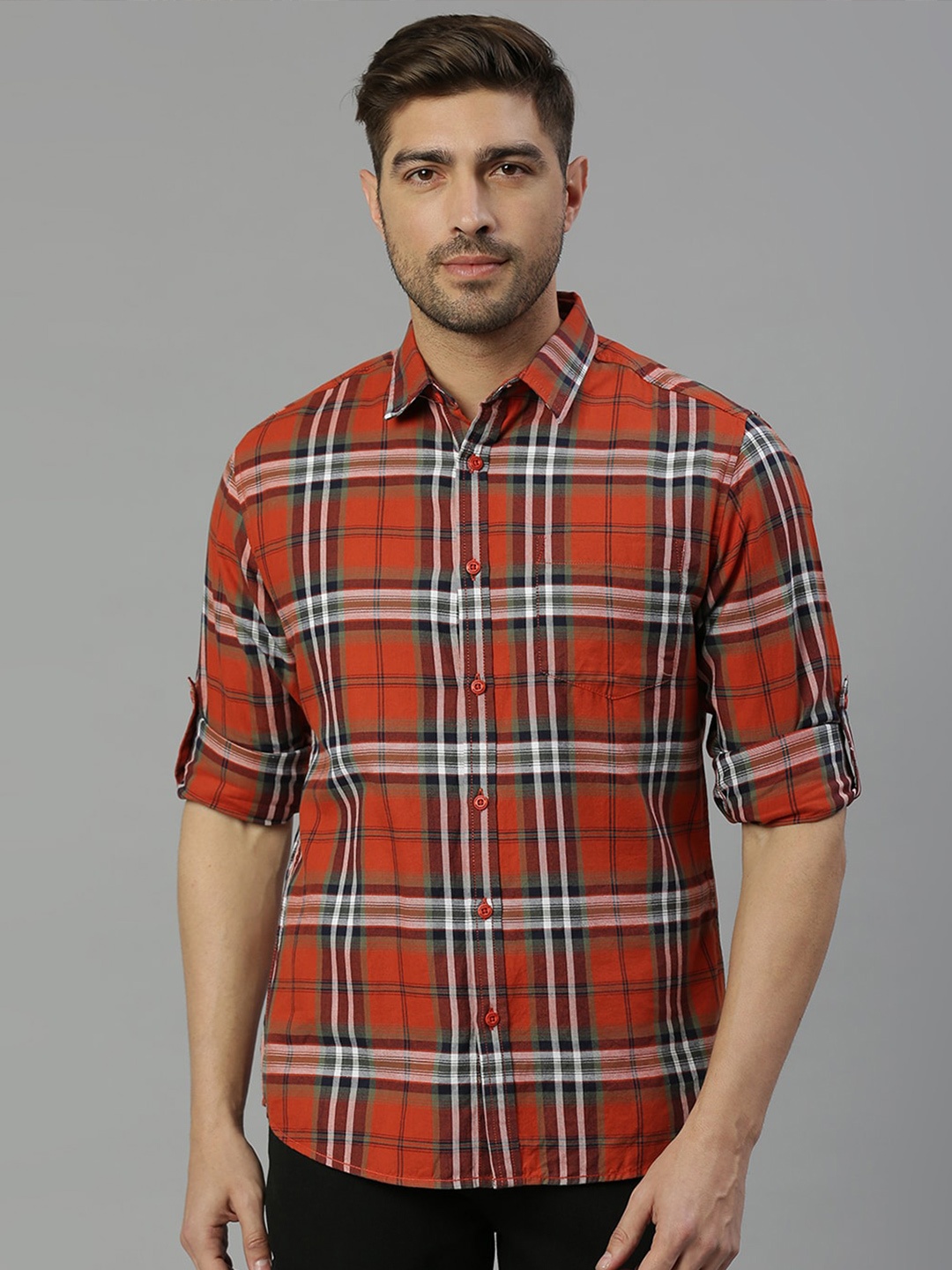 

HERE&NOW Premium Spread Collar Slim Fit Tartan Checked Pure Cotton Casual Shirt, Red