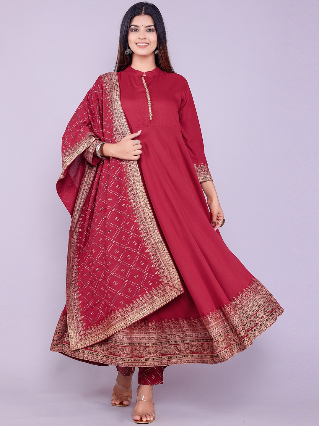 

Sanganeri Kurti Ethnic Motifs Printed Gotta Patti Kurta with Palazzos & Dupatta, Maroon
