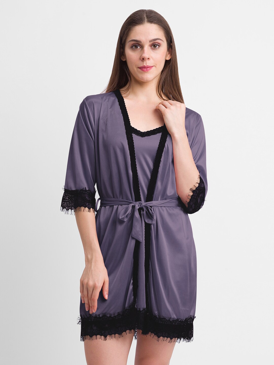 

NOIRA Satin Baby Doll With Robe, Grey