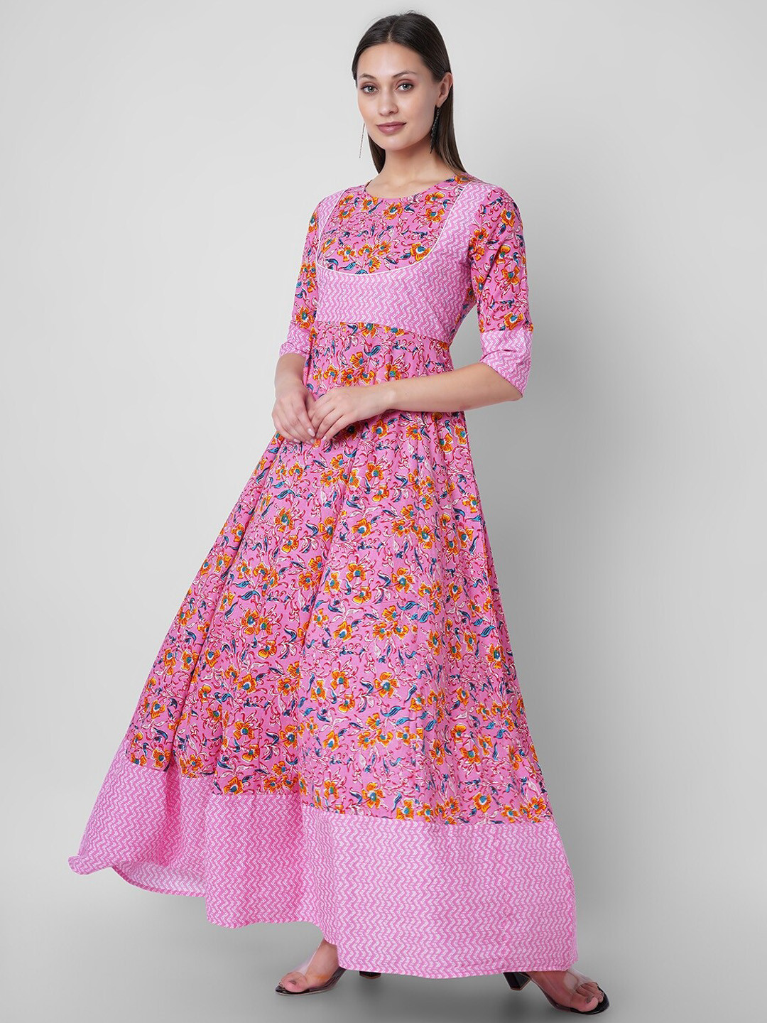 

Sanganeri Kurti Floral Printed Ankle Length Anarkali Kurta, Pink