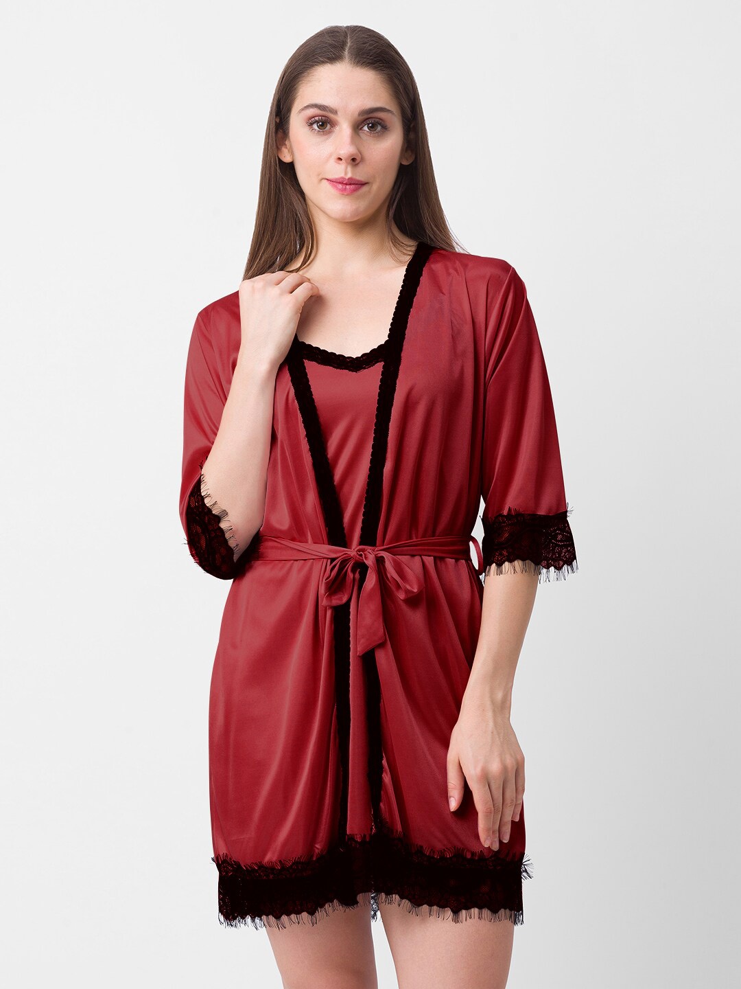 

NOIRA Maroon & Black Satin Baby Doll