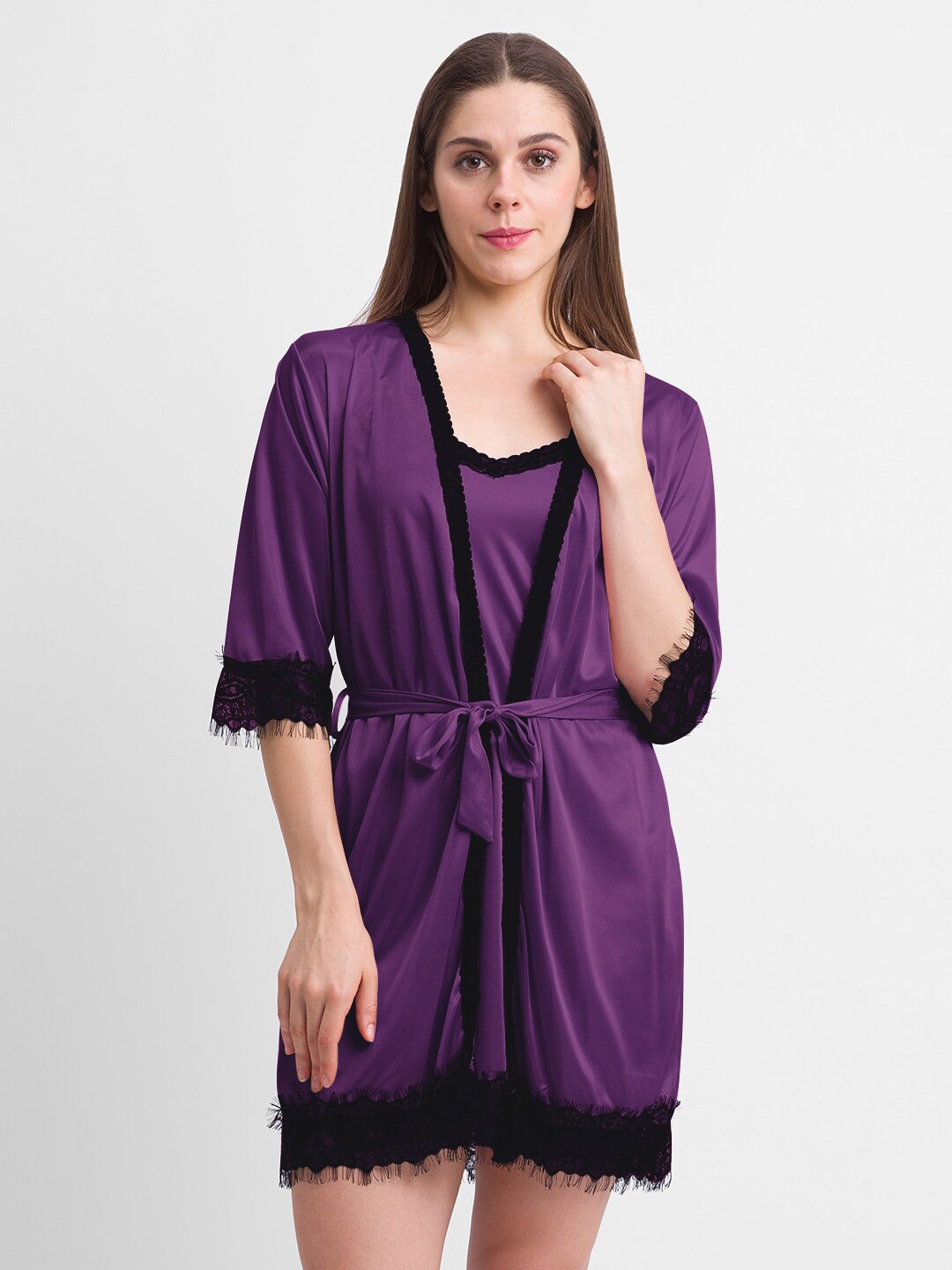 

NOIRA Shoulder Straps Satin Baby Doll, Purple