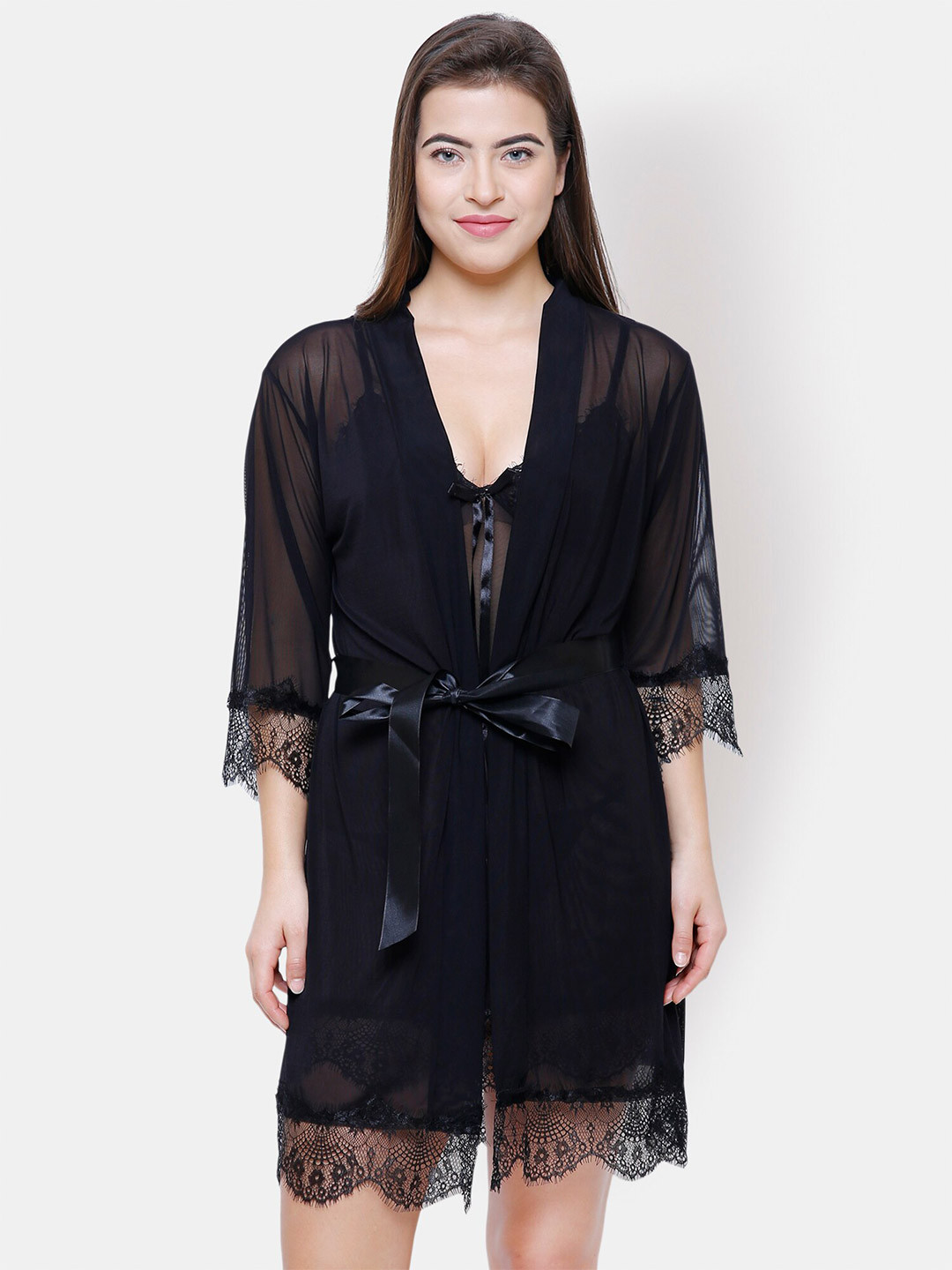 

NOIRA Shoulder Straps Net Baby Doll With Robe, Black