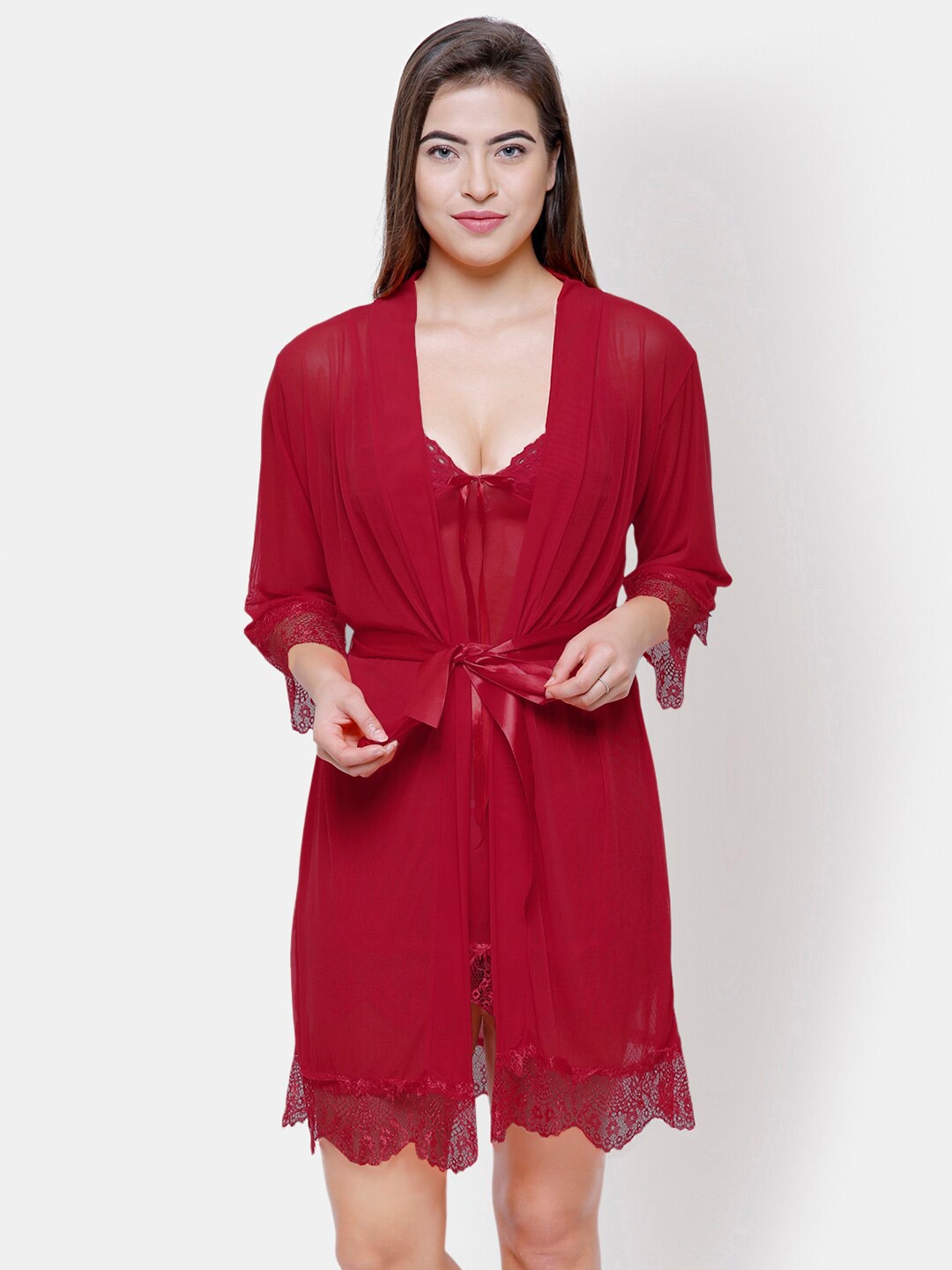 

NOIRA Shoulder Straps Net Baby Doll With Robe, Maroon