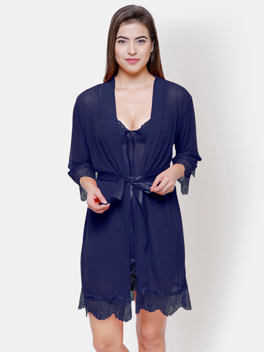 

NOIRA Shoulder Straps Net Baby Doll With Robe, Navy blue