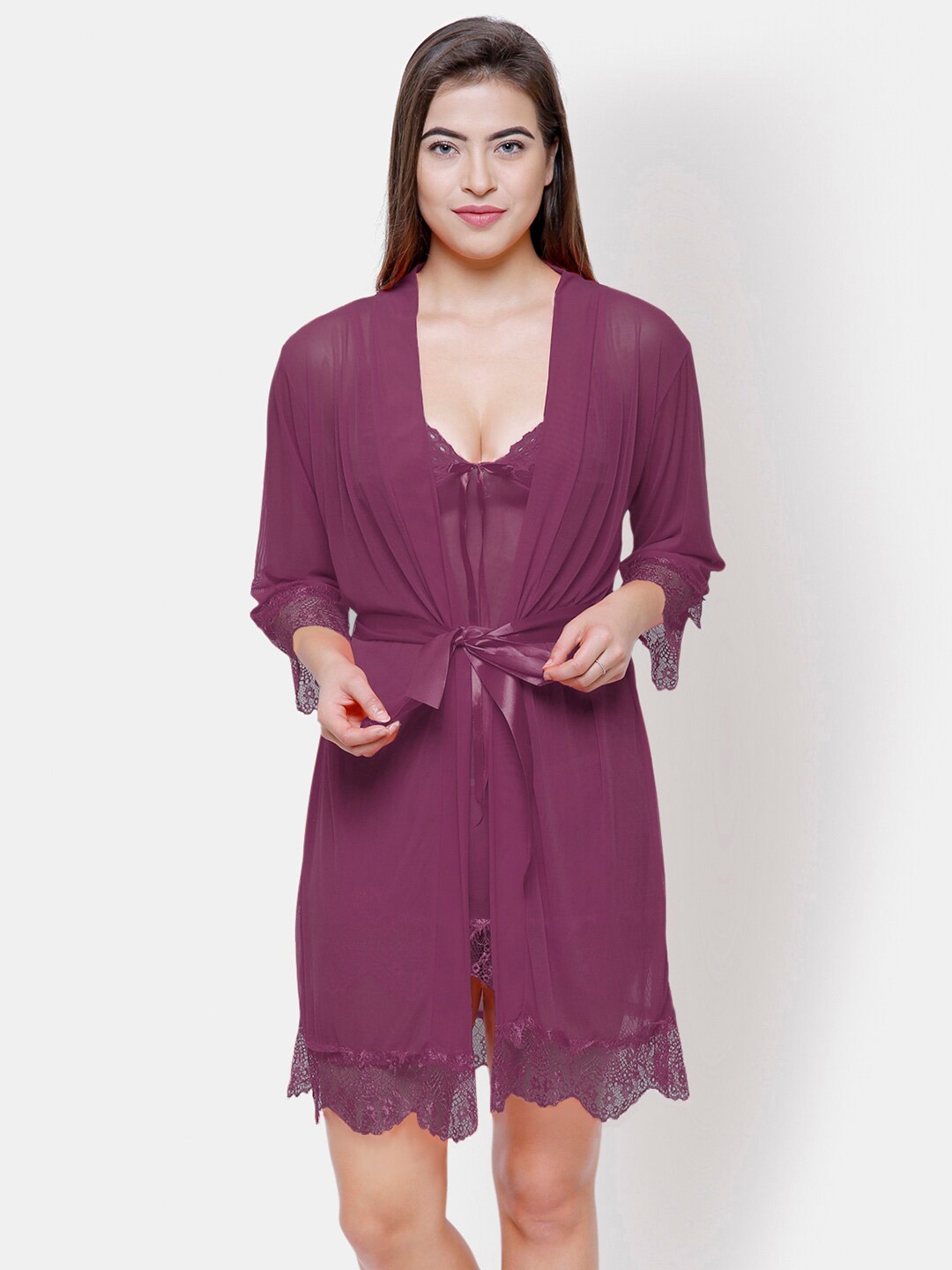 

NOIRA Shoulder Straps Net Baby Doll With Robe, Purple