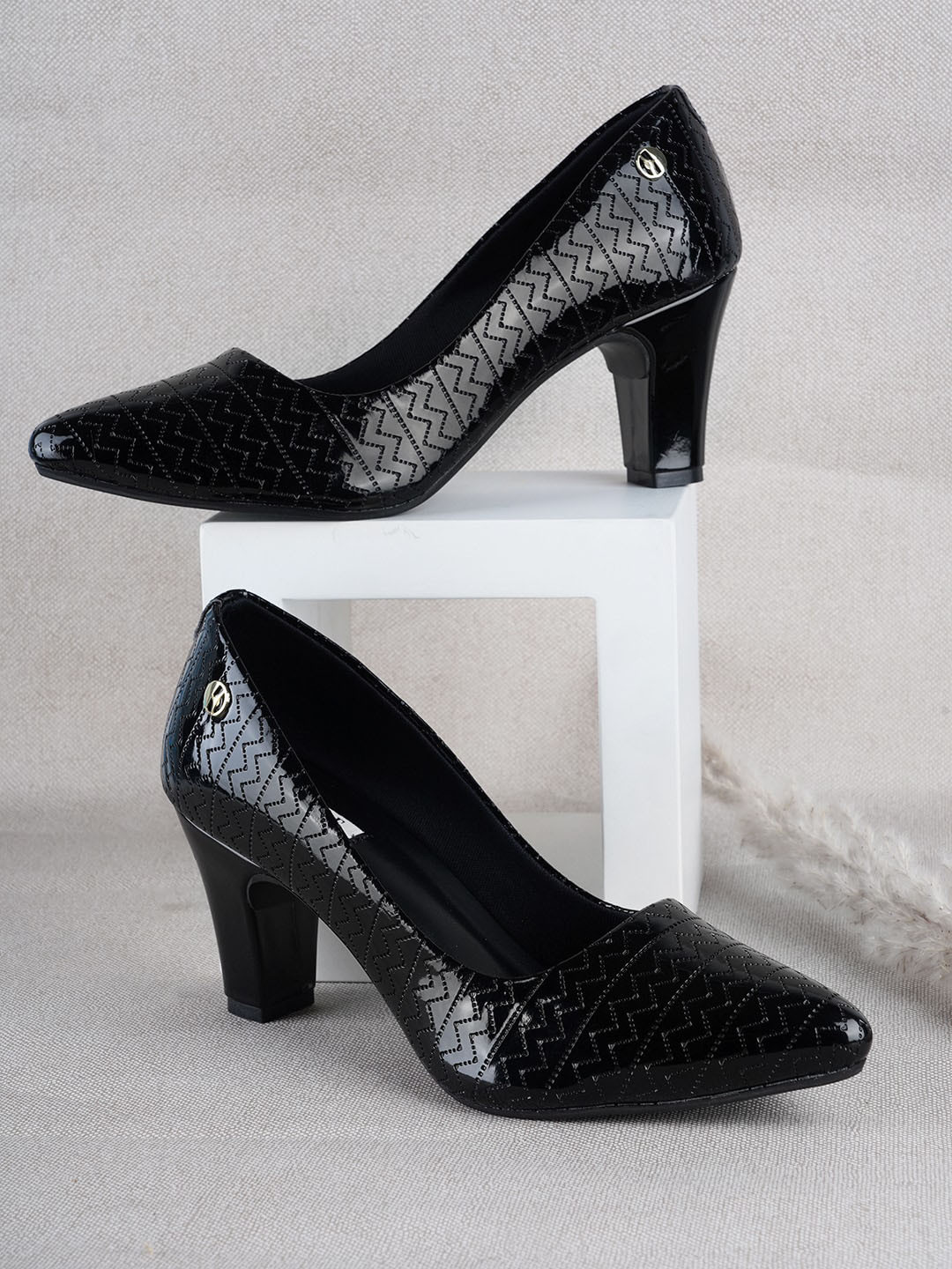 

ELLE Textured Pointed Toe Block Pumps, Black